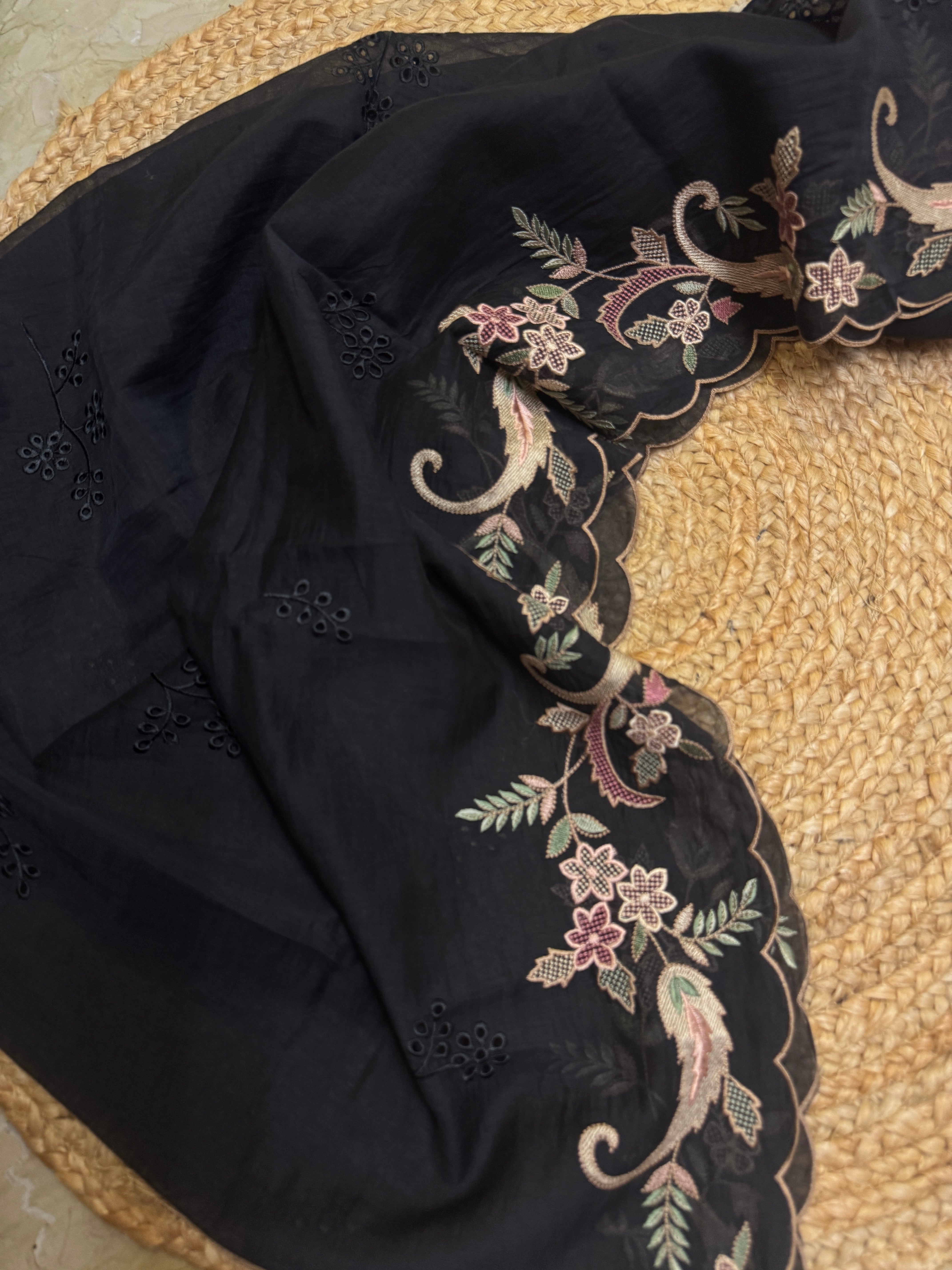 Pure Mul cotton kurta with fine Reshma thread work with scalloped dupatta and cotton bottom