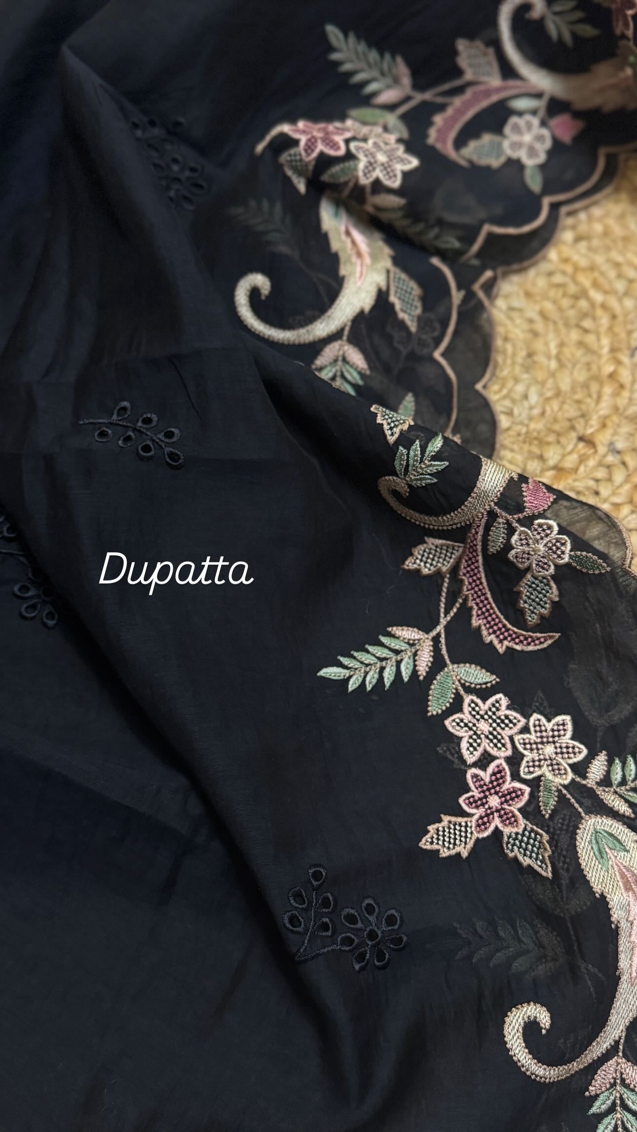 Pure Mul cotton kurta with fine Reshma thread work with scalloped dupatta and cotton bottom