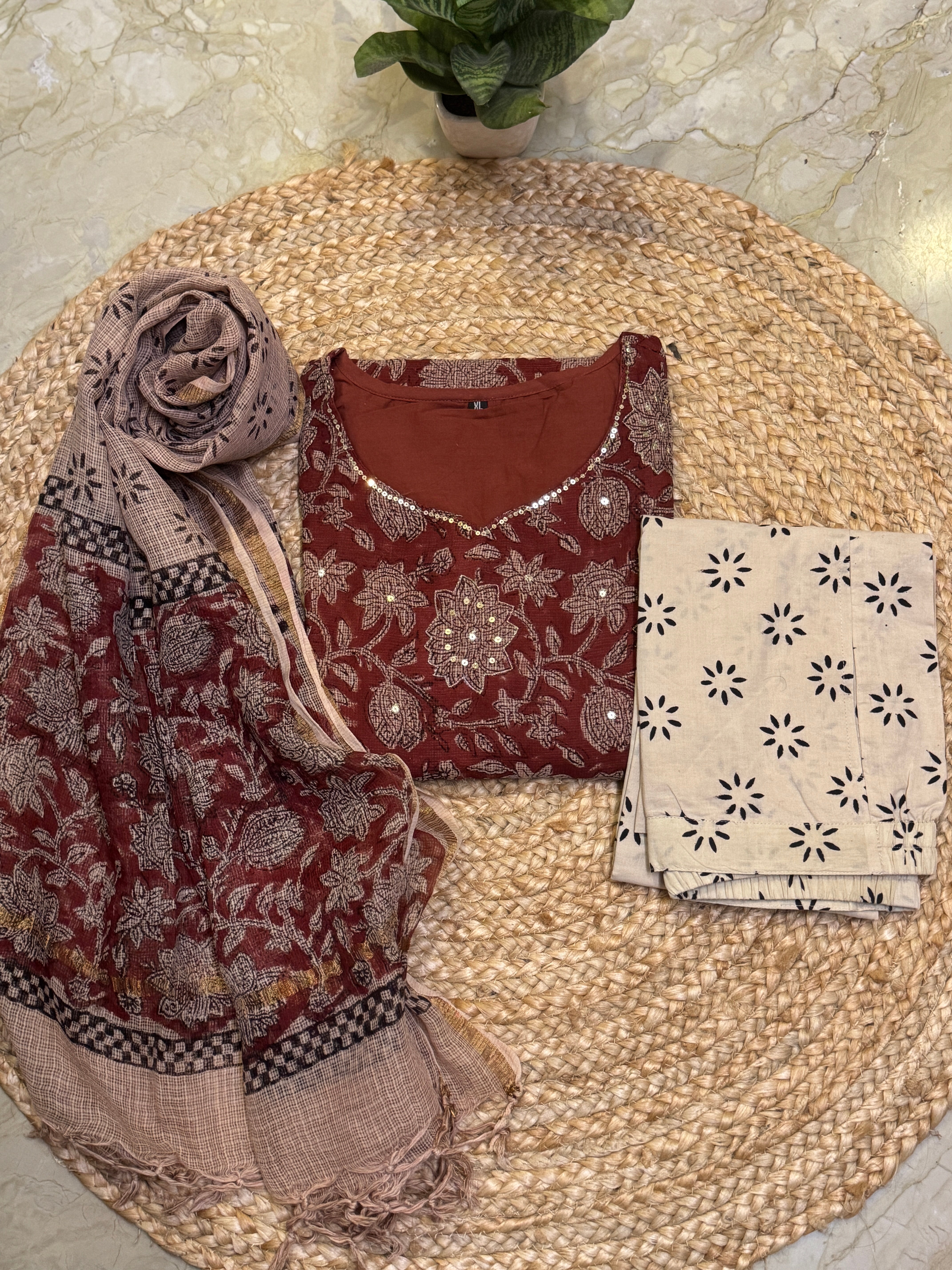 Handblock printed Kota doriya 3 piece suit