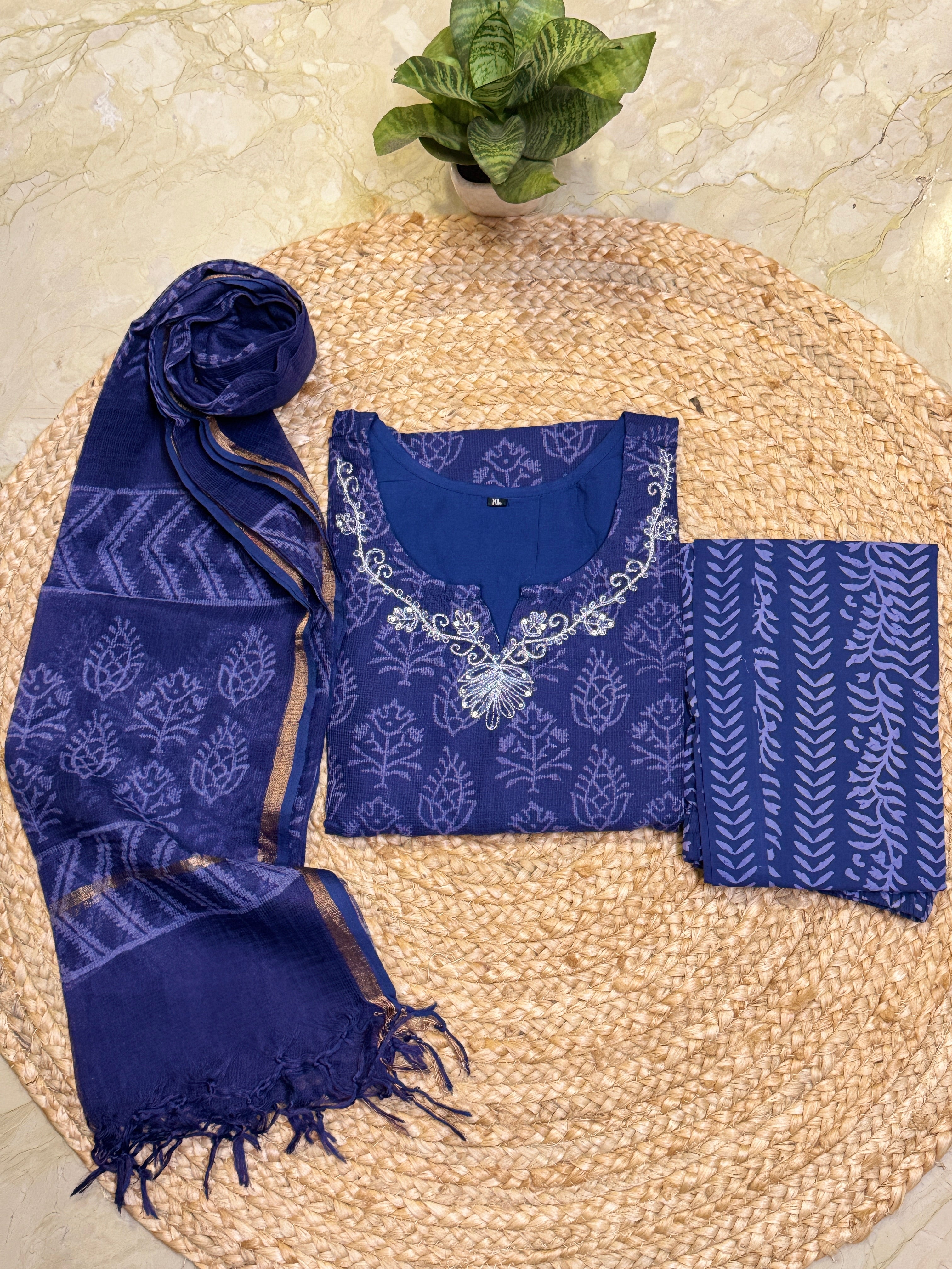 Handblock printed Kota doriya stitched 3 piece suit