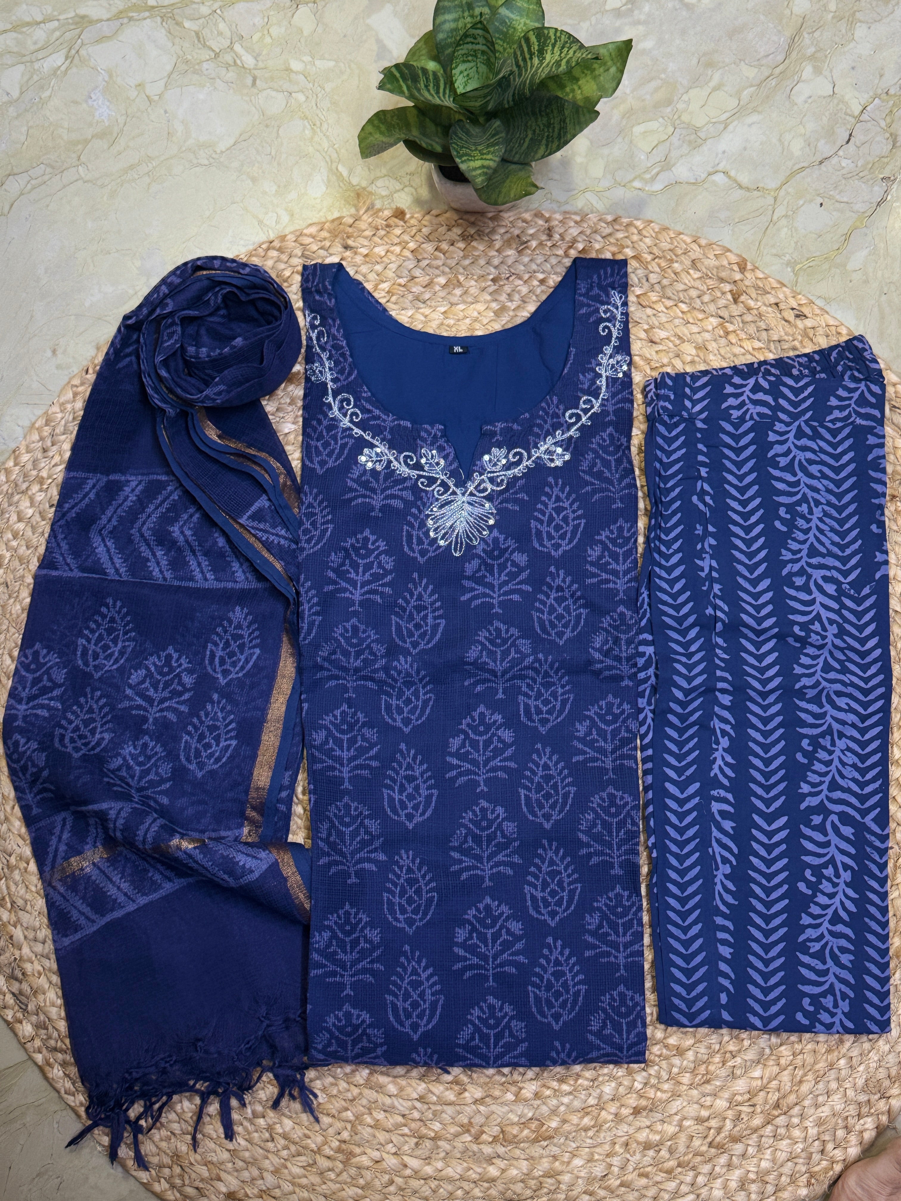 Handblock printed Kota doriya stitched 3 piece suit