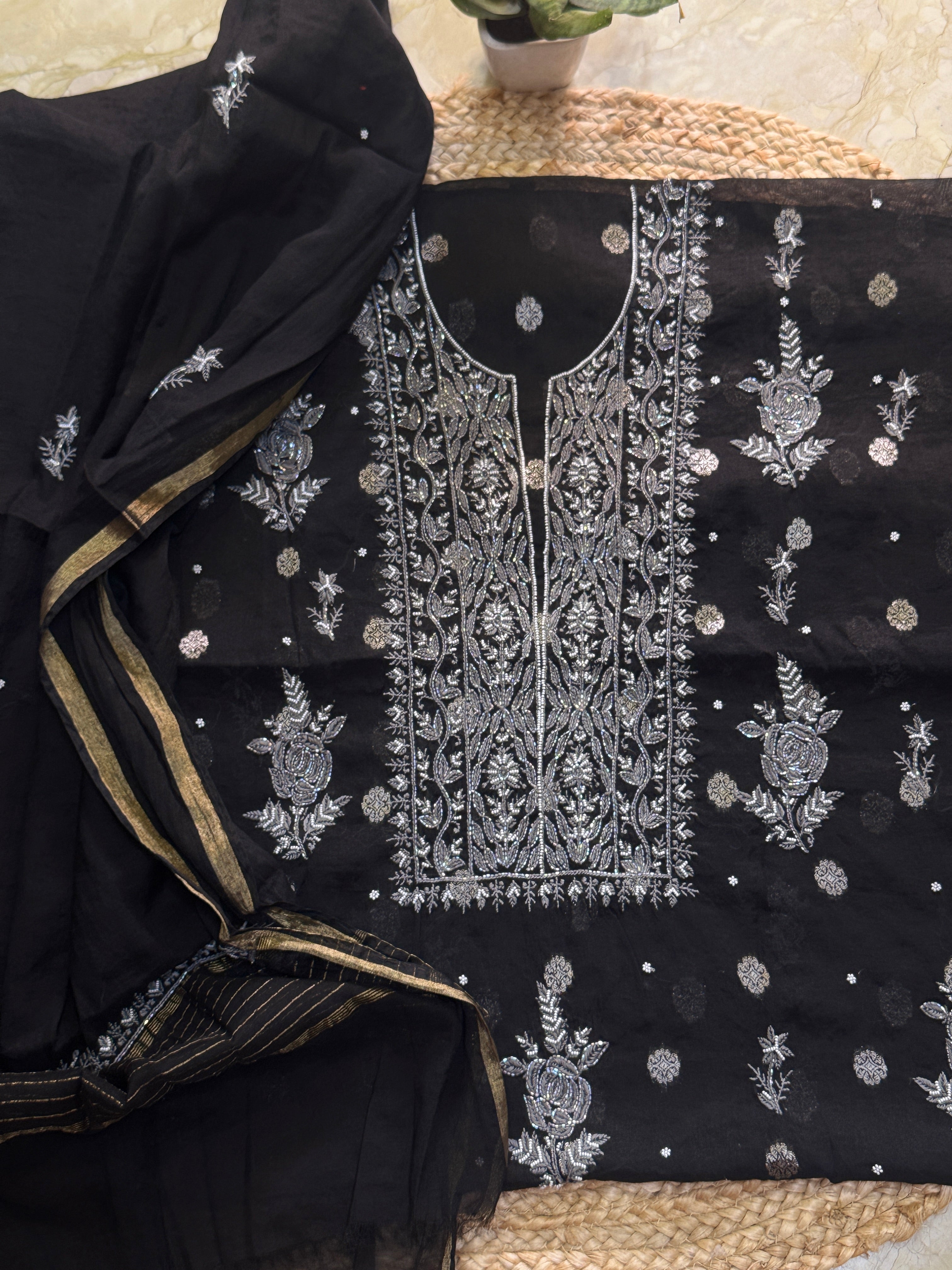 Pure Chanderi silk kurta with fine Chikankari and Cutdana work