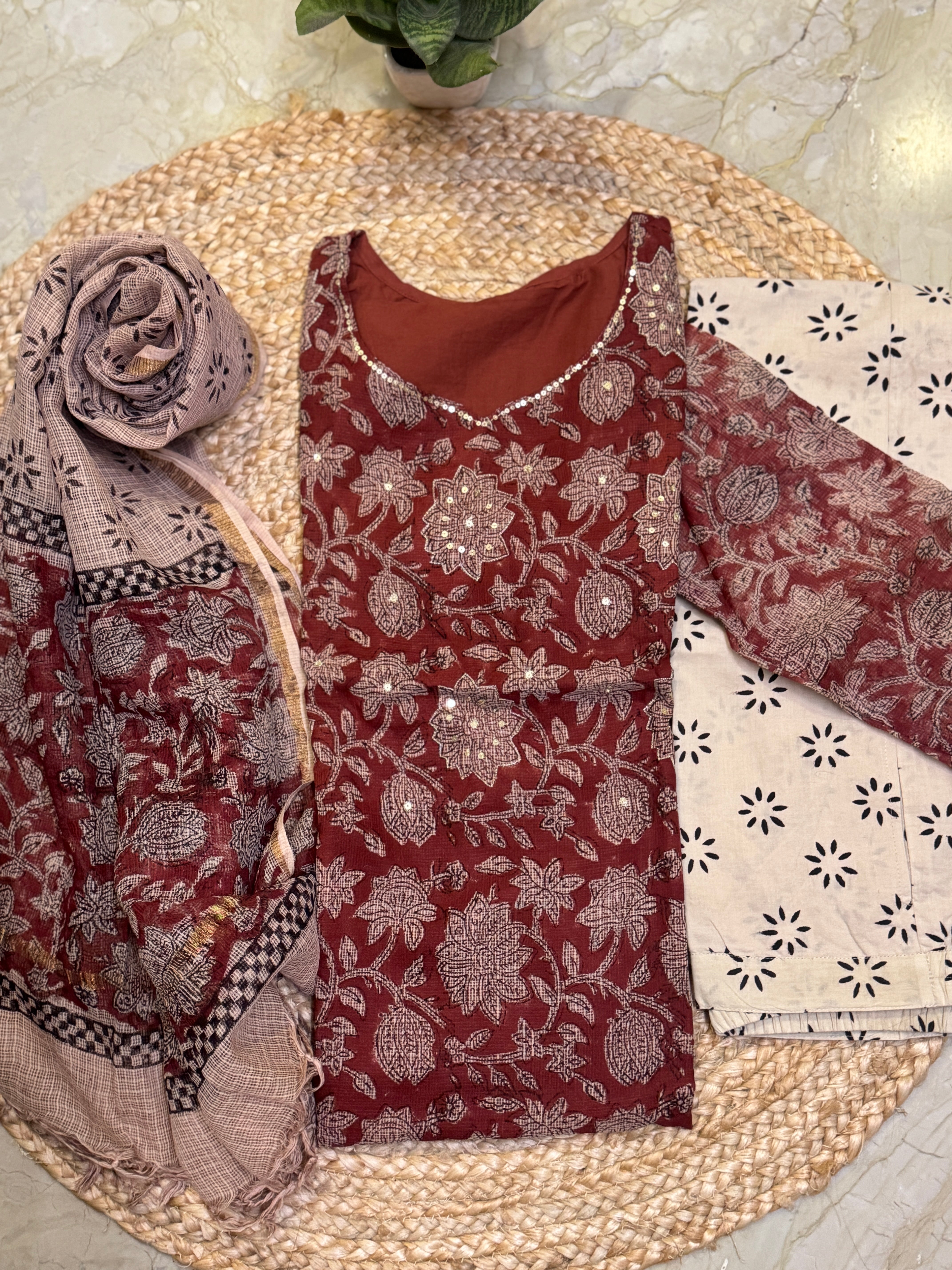 Handblock printed Kota doriya 3 piece suit