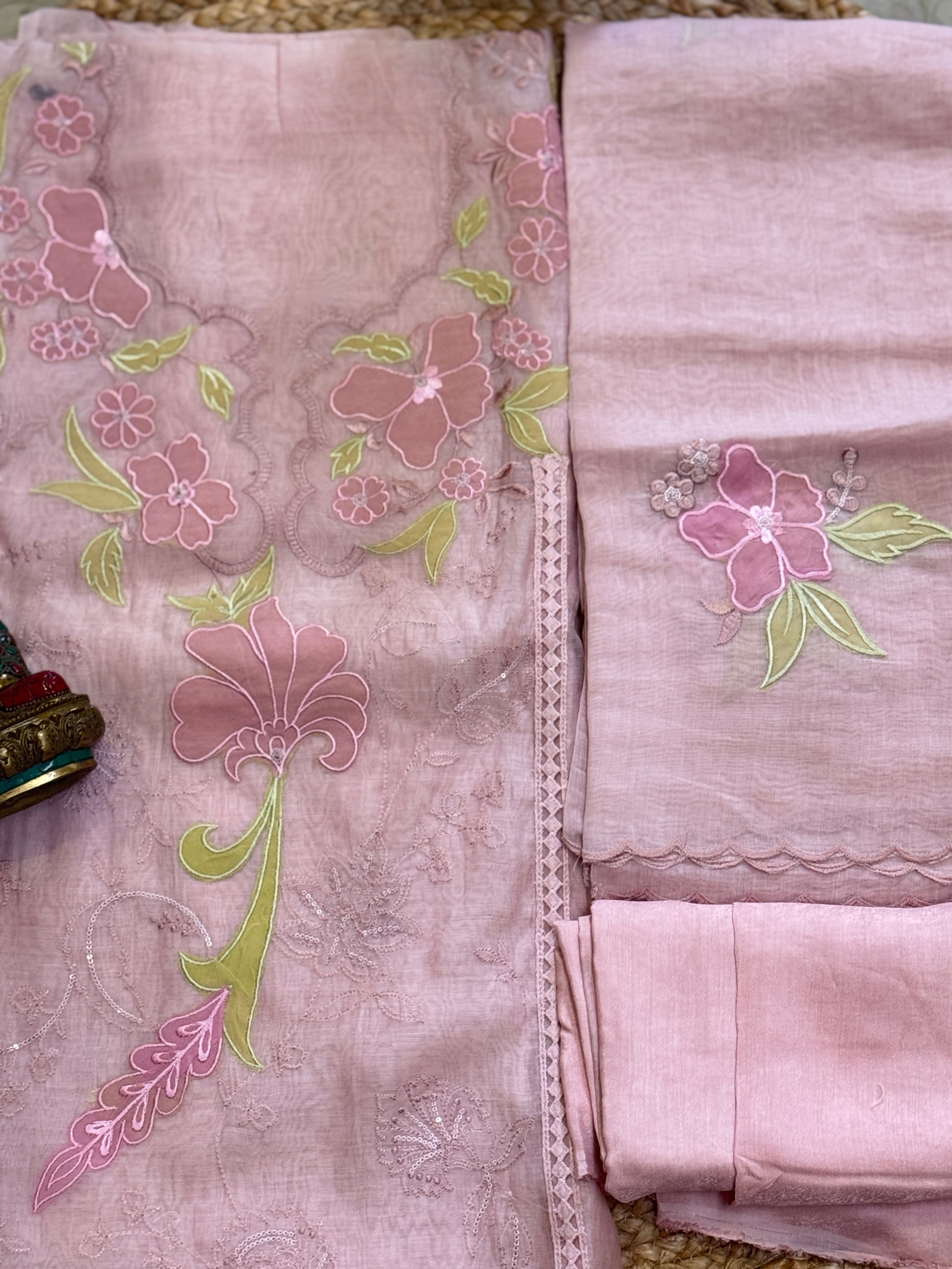 Pure Mul Chanderi kurta and dupatta with Applique work with santoon bottom