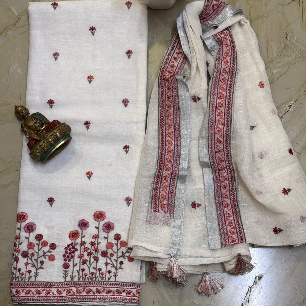 Linen kurta with linen dupatta with fine embroidery