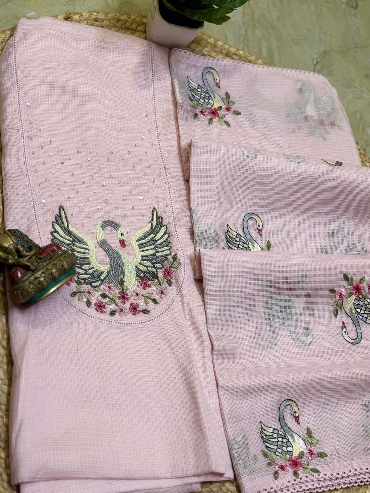 Soft kota silk embroidered top with soft kota silk embroidered dupatta and pure cotton bottom