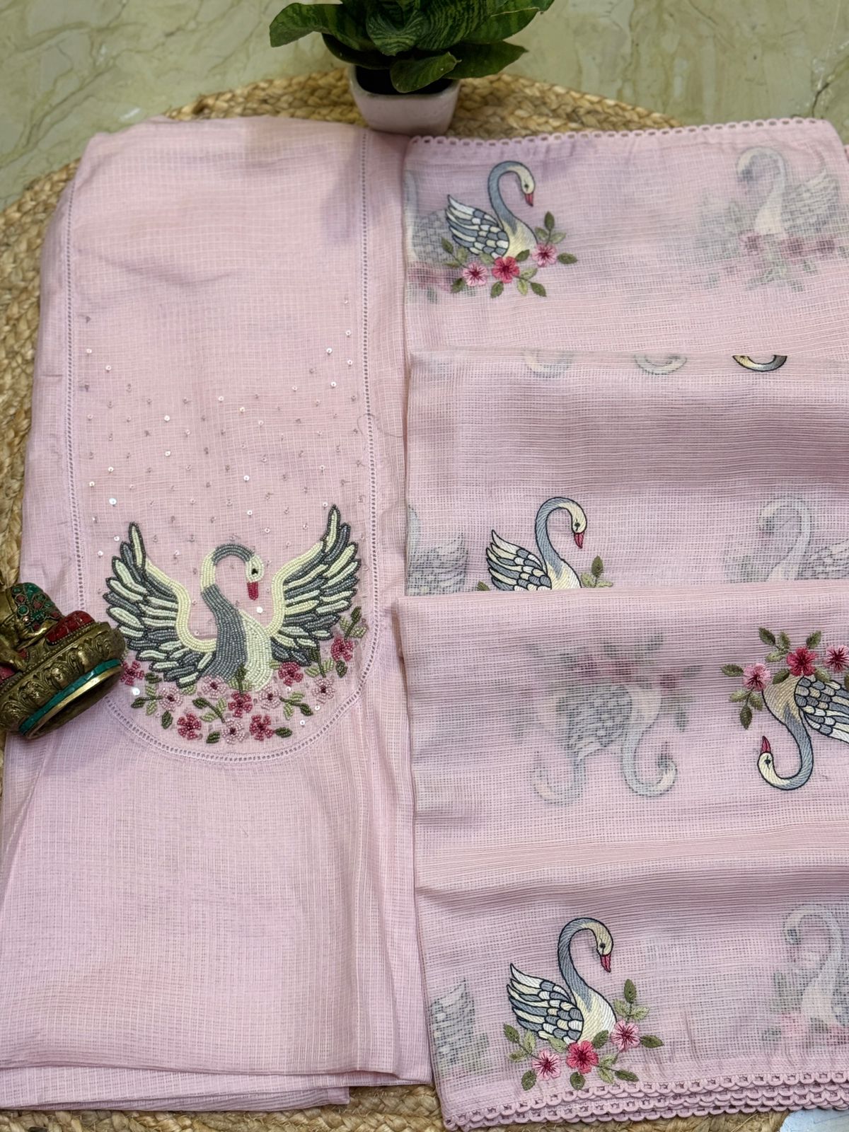 Soft kota silk embroidered top with soft kota silk embroidered dupatta and pure cotton bottom