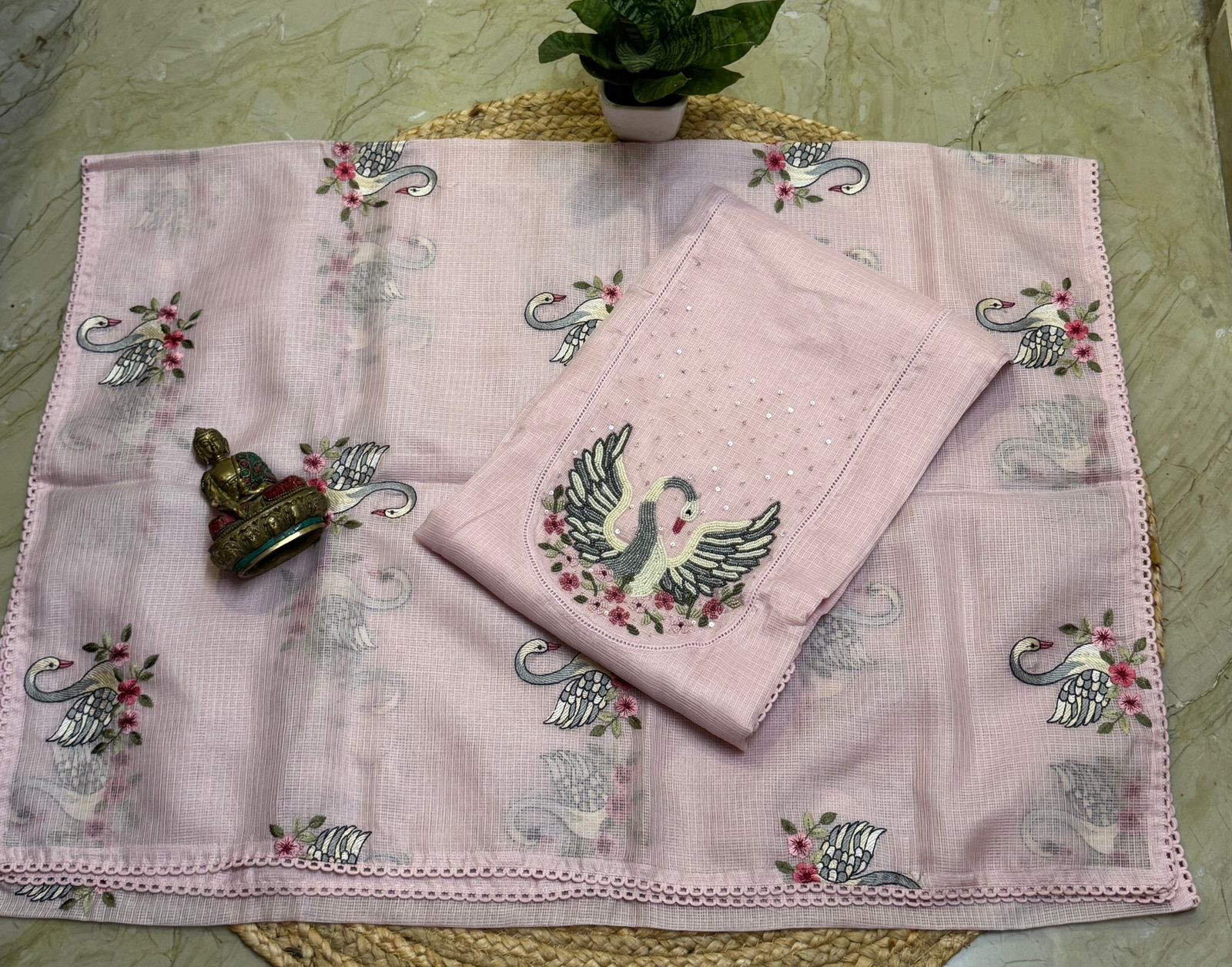 Soft kota silk embroidered top with soft kota silk embroidered dupatta and pure cotton bottom