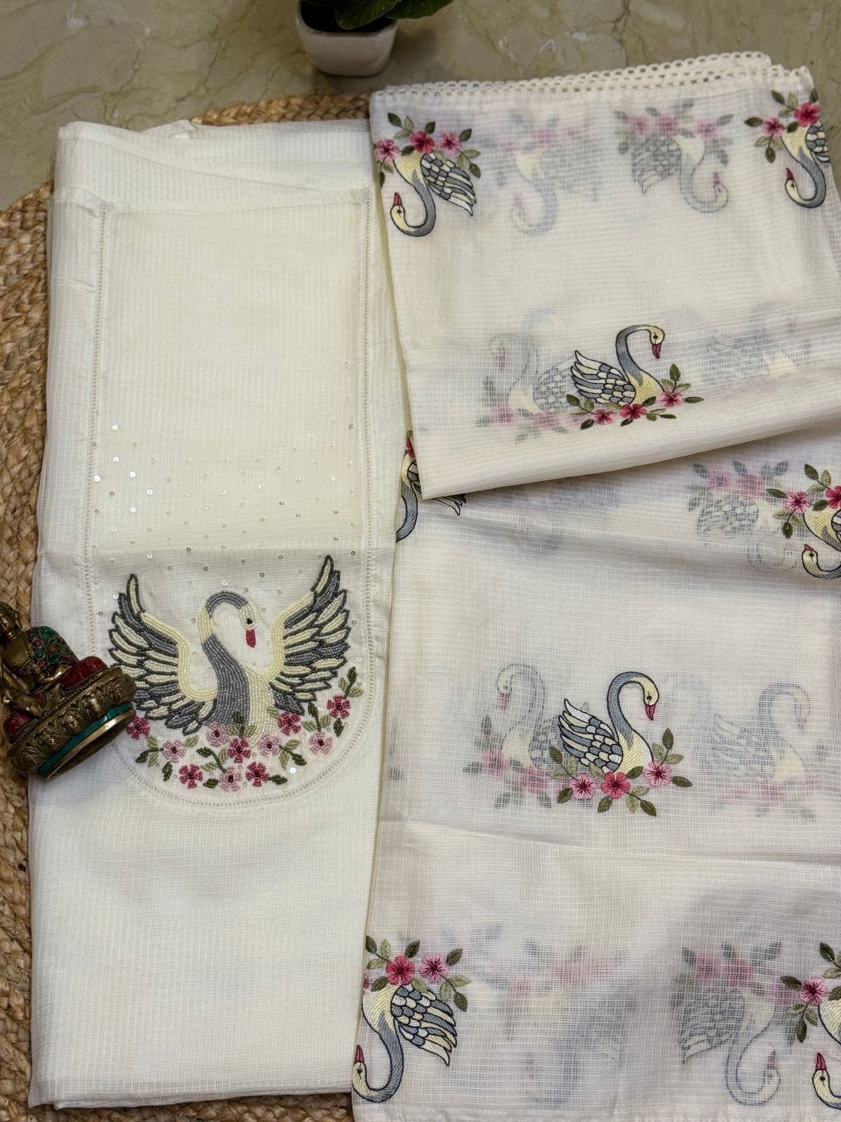 Soft kota silk embroidered top with soft kota silk embroidered dupatta and pure cotton bottom