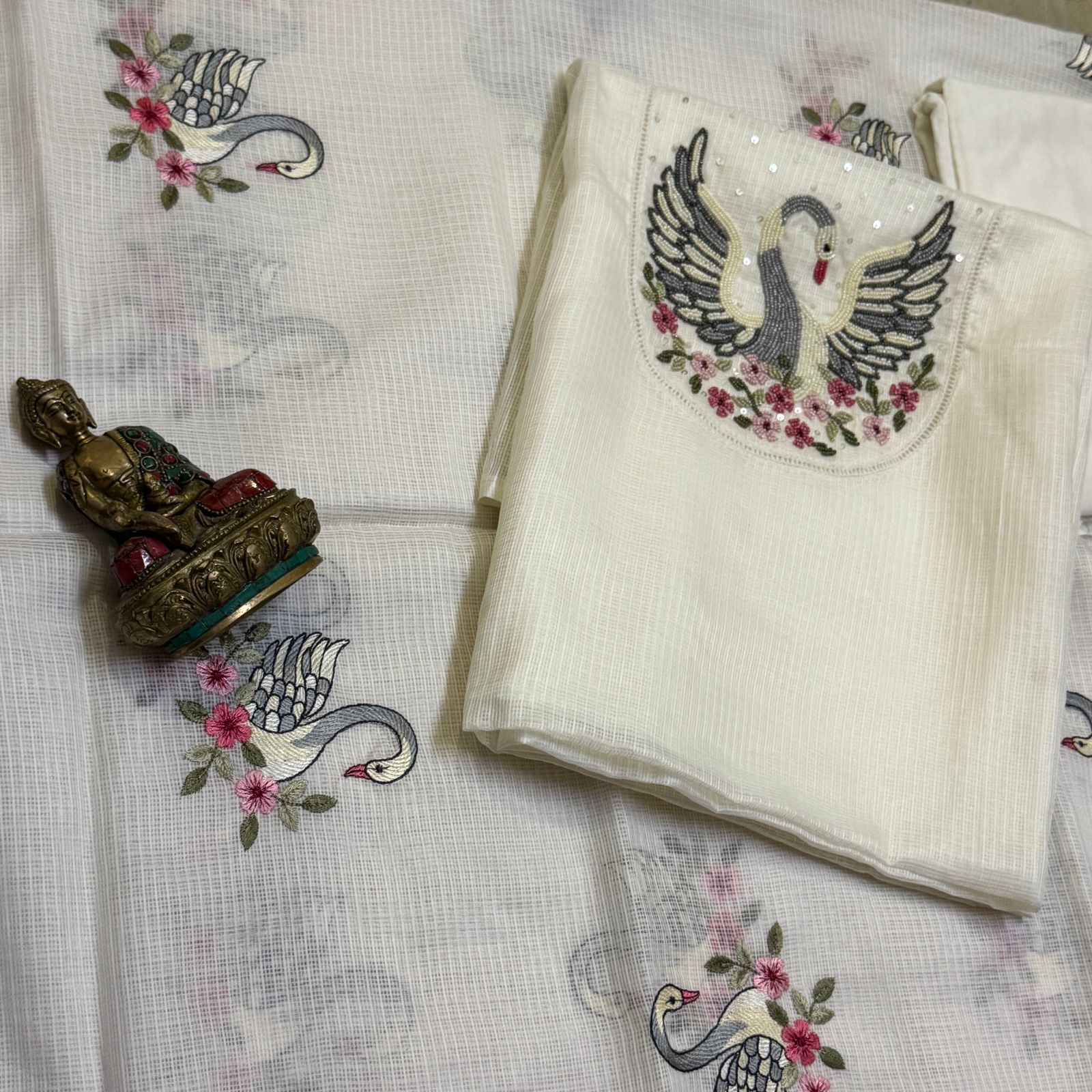 Soft kota silk embroidered top with soft kota silk embroidered dupatta and pure cotton bottom