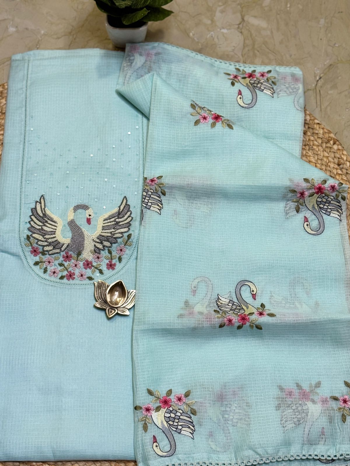 Soft kota silk embroidered top with soft kota silk embroidered dupatta and pure cotton bottom sky blue