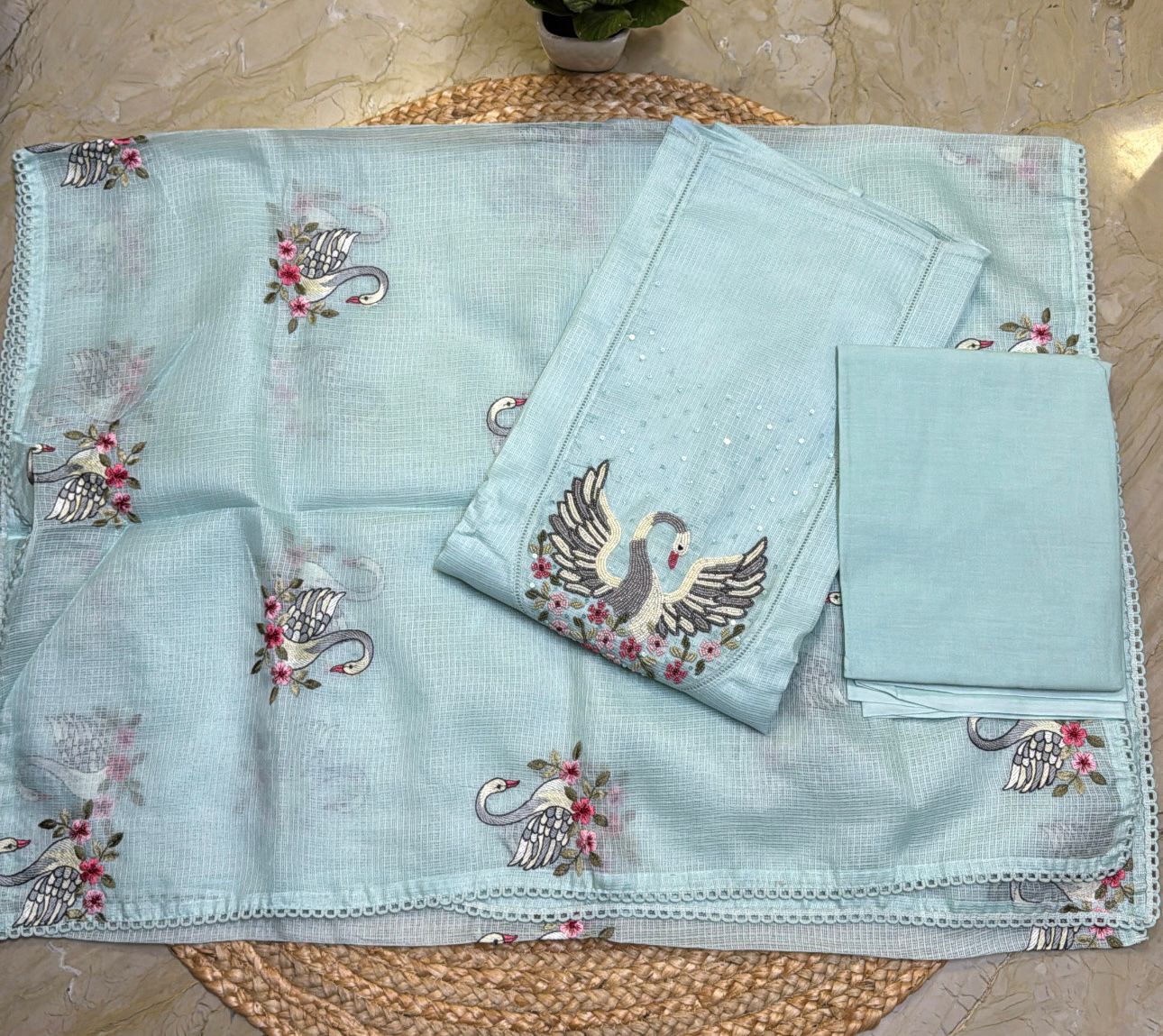 Soft kota silk embroidered top with soft kota silk embroidered dupatta and pure cotton bottom sky blue