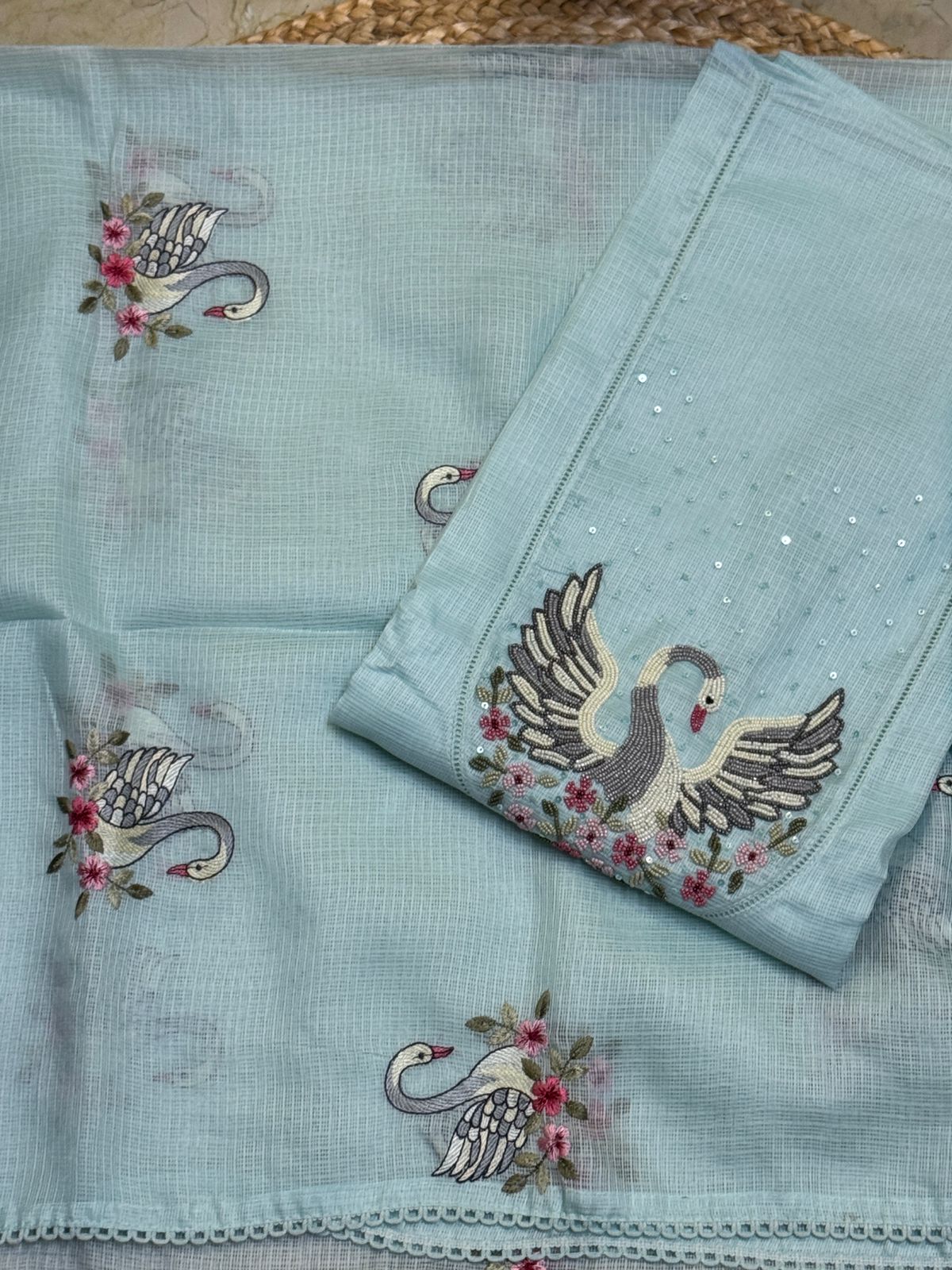 Soft kota silk embroidered top with soft kota silk embroidered dupatta and pure cotton bottom sky blue