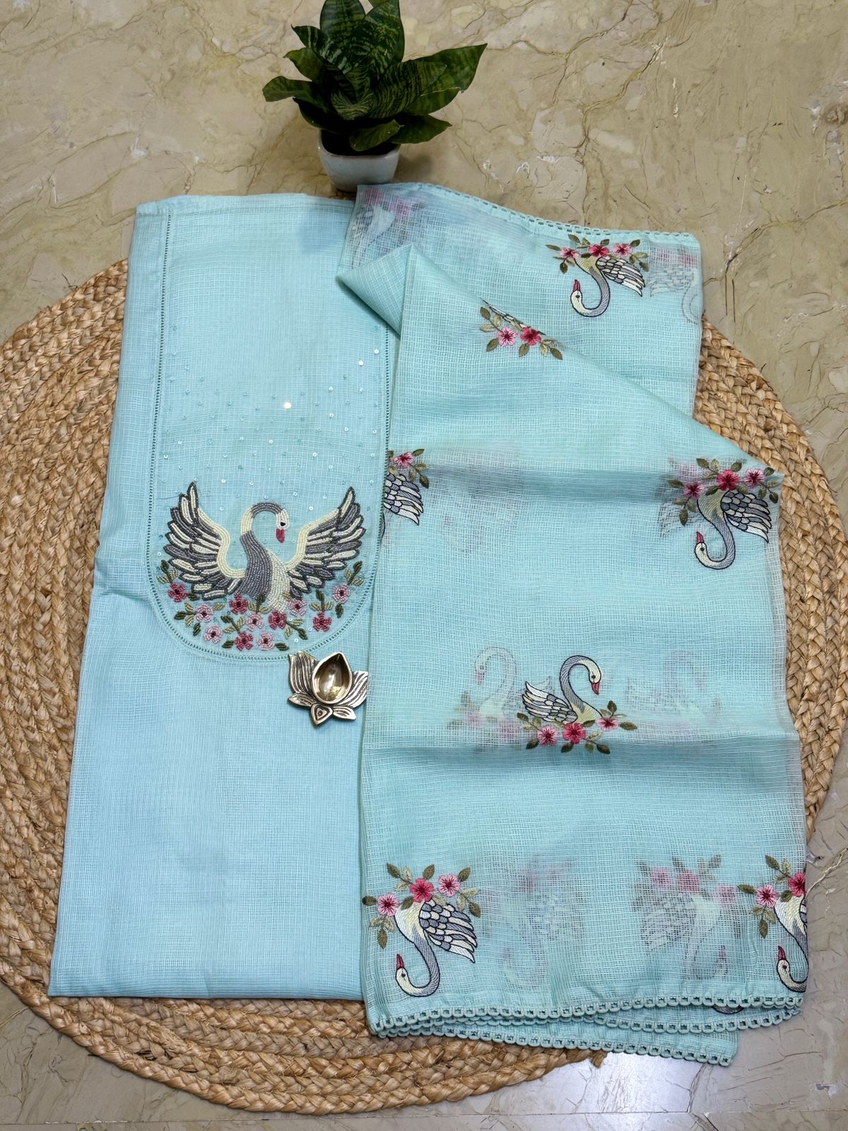 Soft kota silk embroidered top with soft kota silk embroidered dupatta and pure cotton bottom sky blue