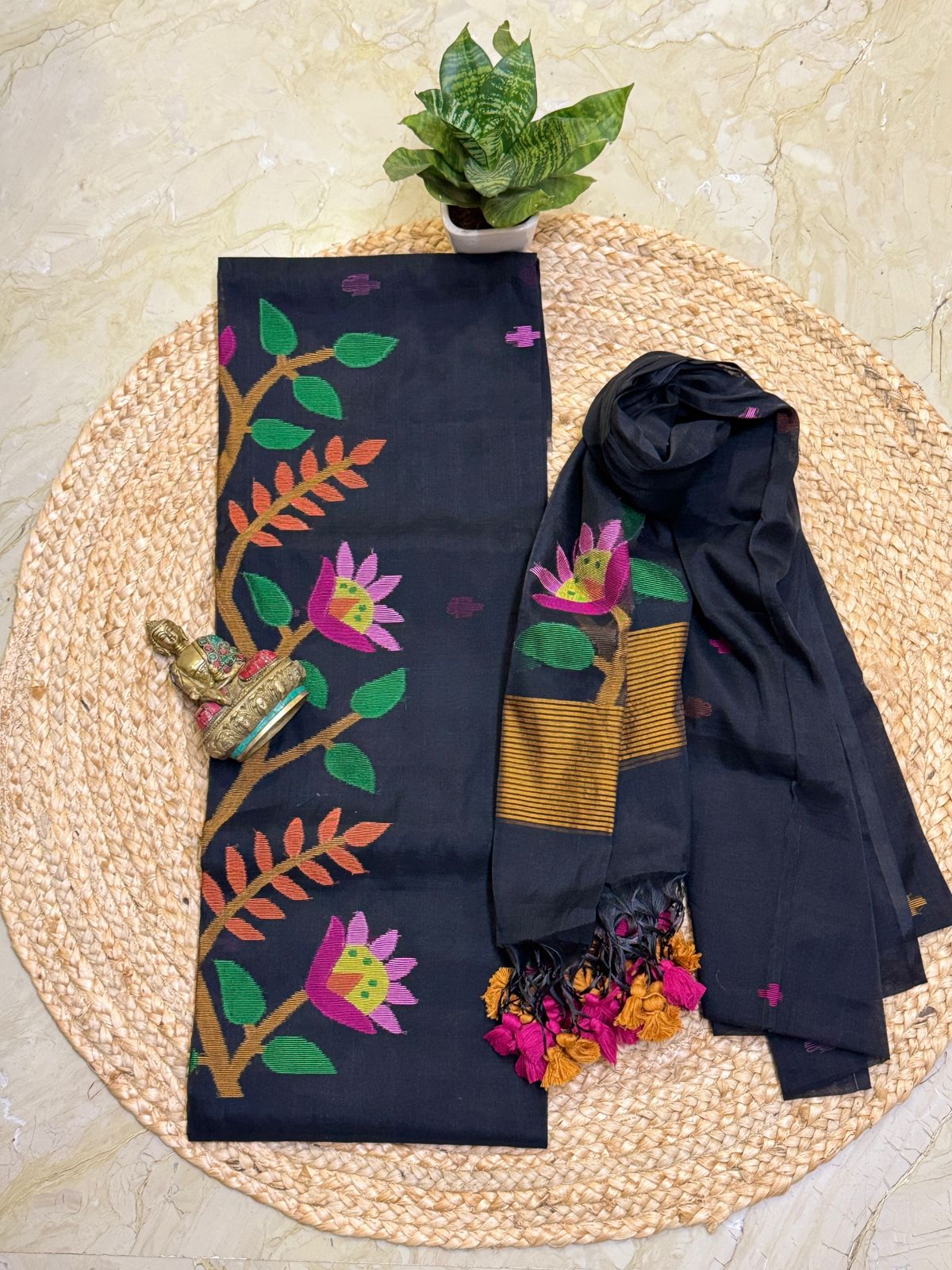 Muslin jamdani top dupatta black