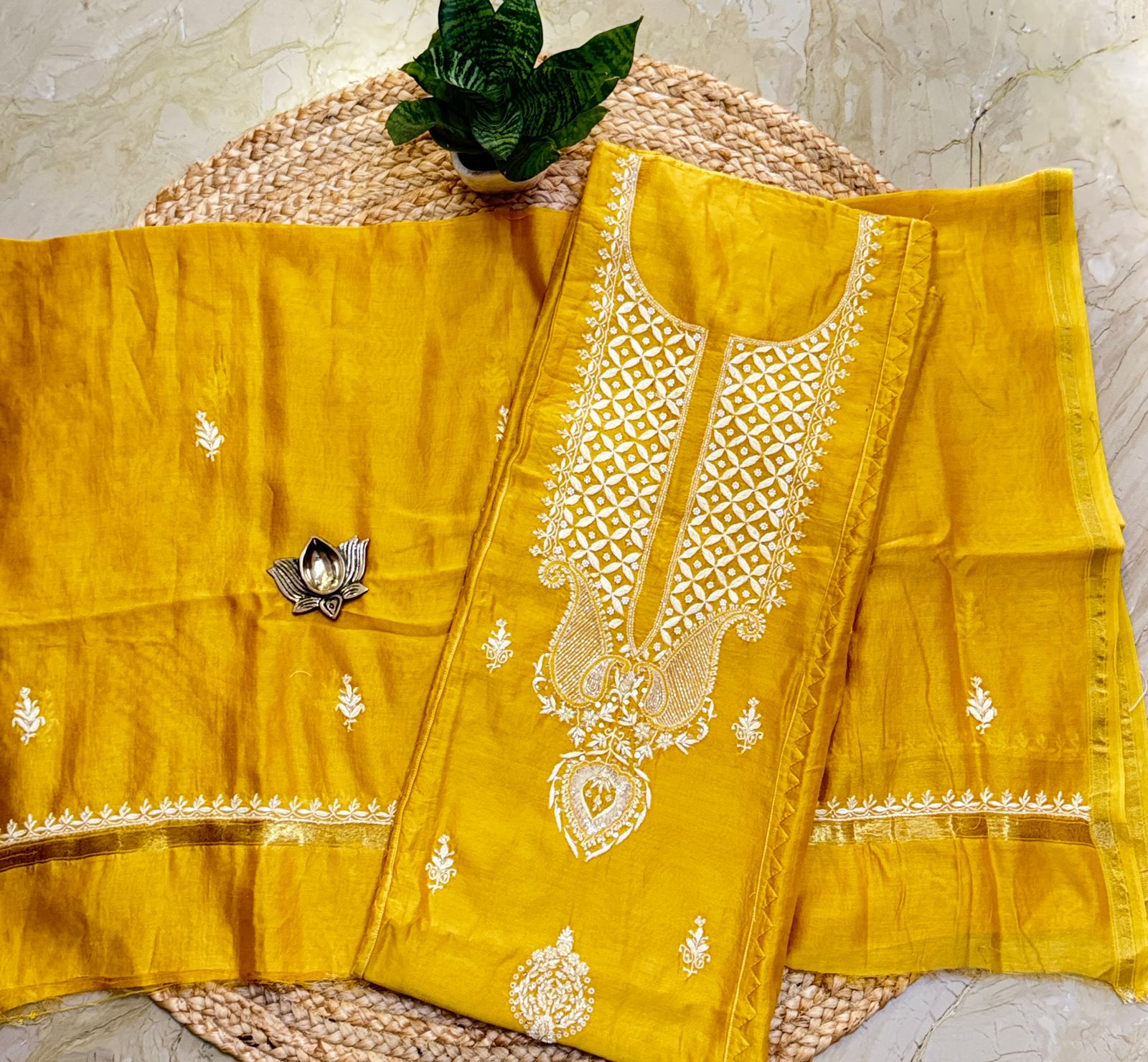 Pure Chanderi silk kurta and dupatta set with fine Chikankari and cutdana work