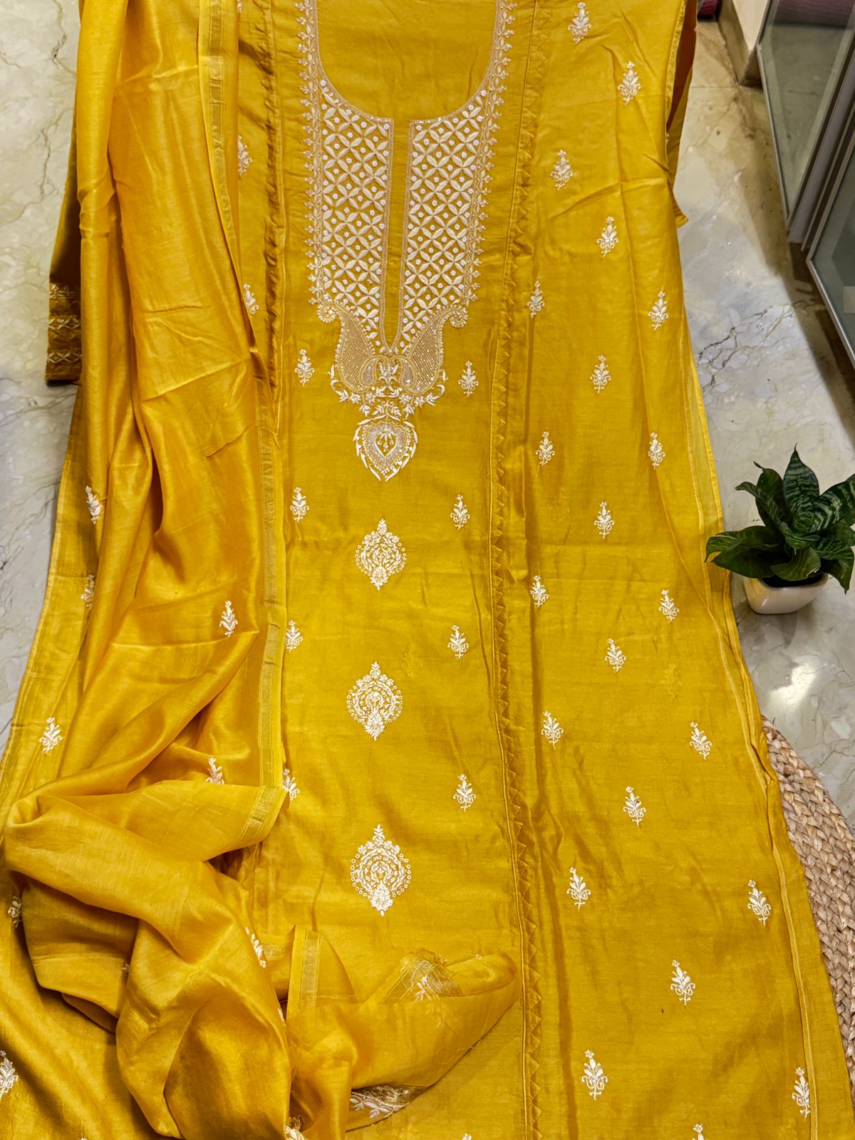 Pure Chanderi silk kurta and dupatta set with fine Chikankari and cutdana work