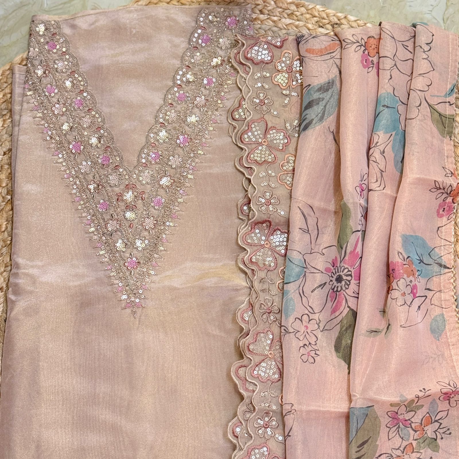 Pure shimmer tissue kurta with fine embroidery work with fine soft tissue  crepe dupatta with pure santoon bottom