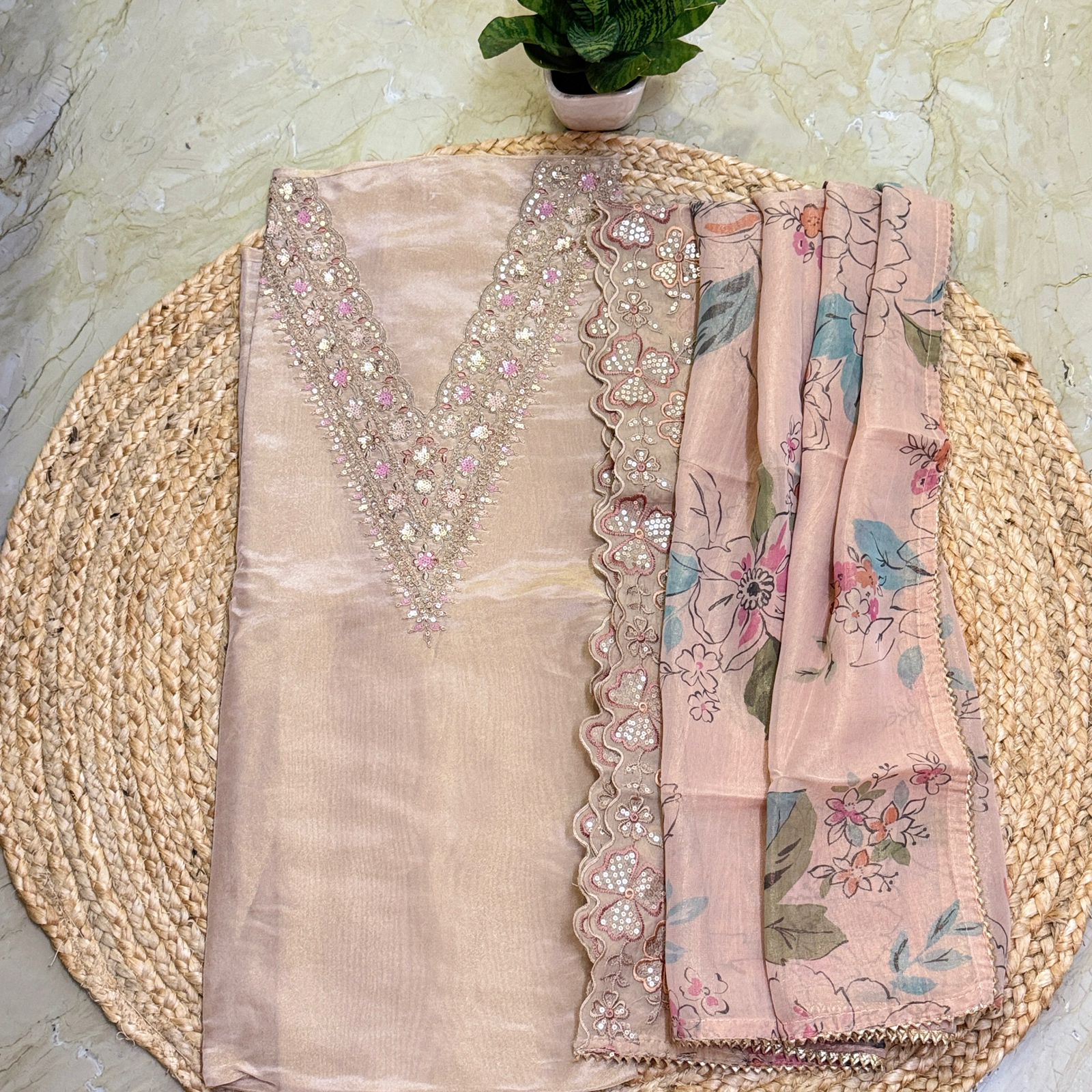 Pure shimmer tissue kurta with fine embroidery work with fine soft tissue  crepe dupatta with pure santoon bottom