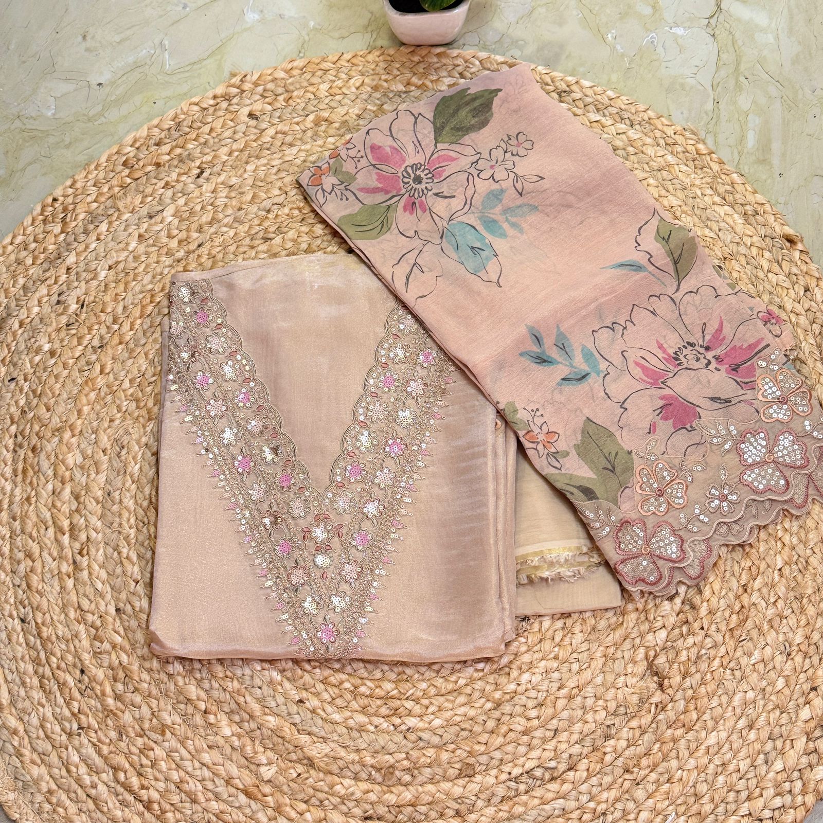 Pure shimmer tissue kurta with fine embroidery work with fine soft tissue  crepe dupatta with pure santoon bottom