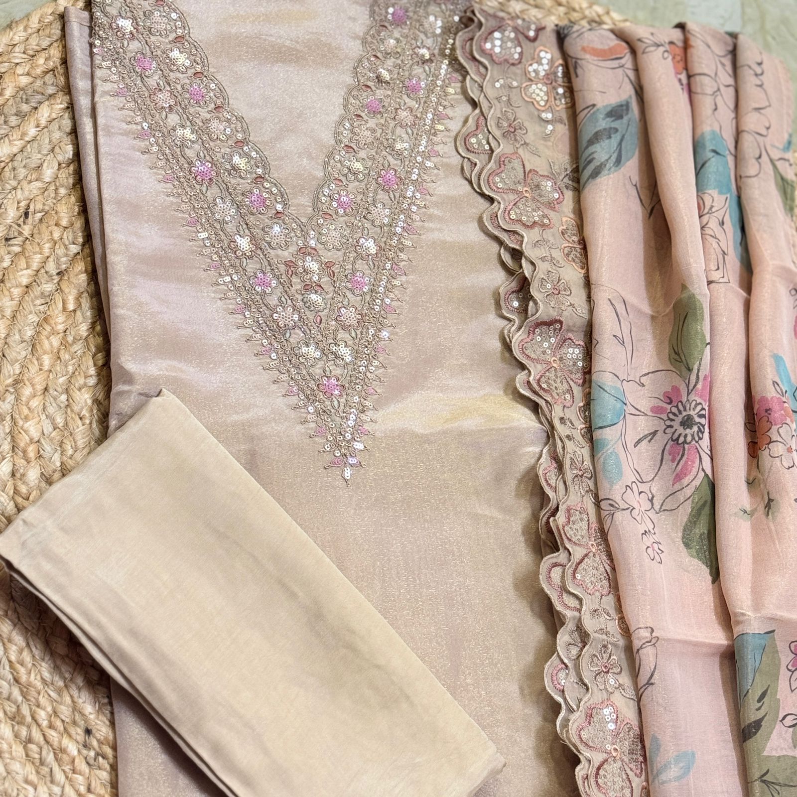 Pure shimmer tissue kurta with fine embroidery work with fine soft tissue  crepe dupatta with pure santoon bottom