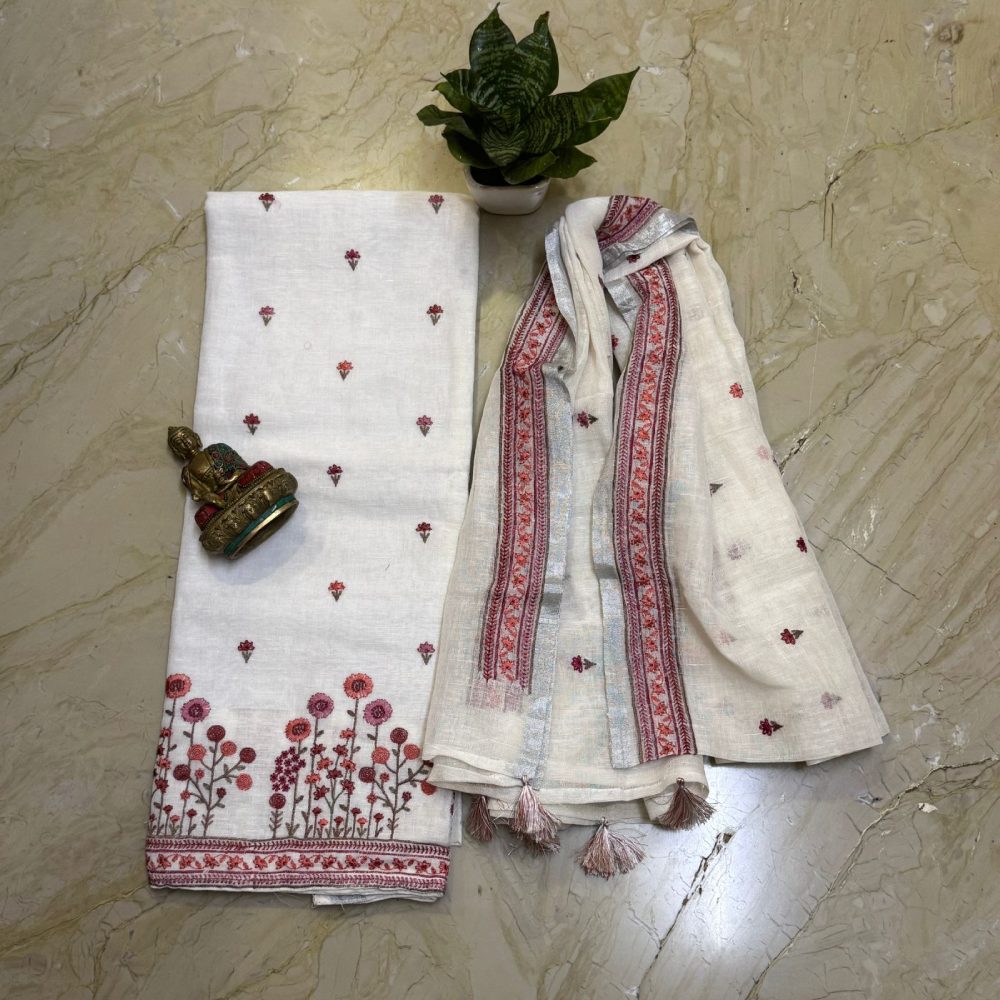 Linen kurta with linen dupatta with fine embroidery