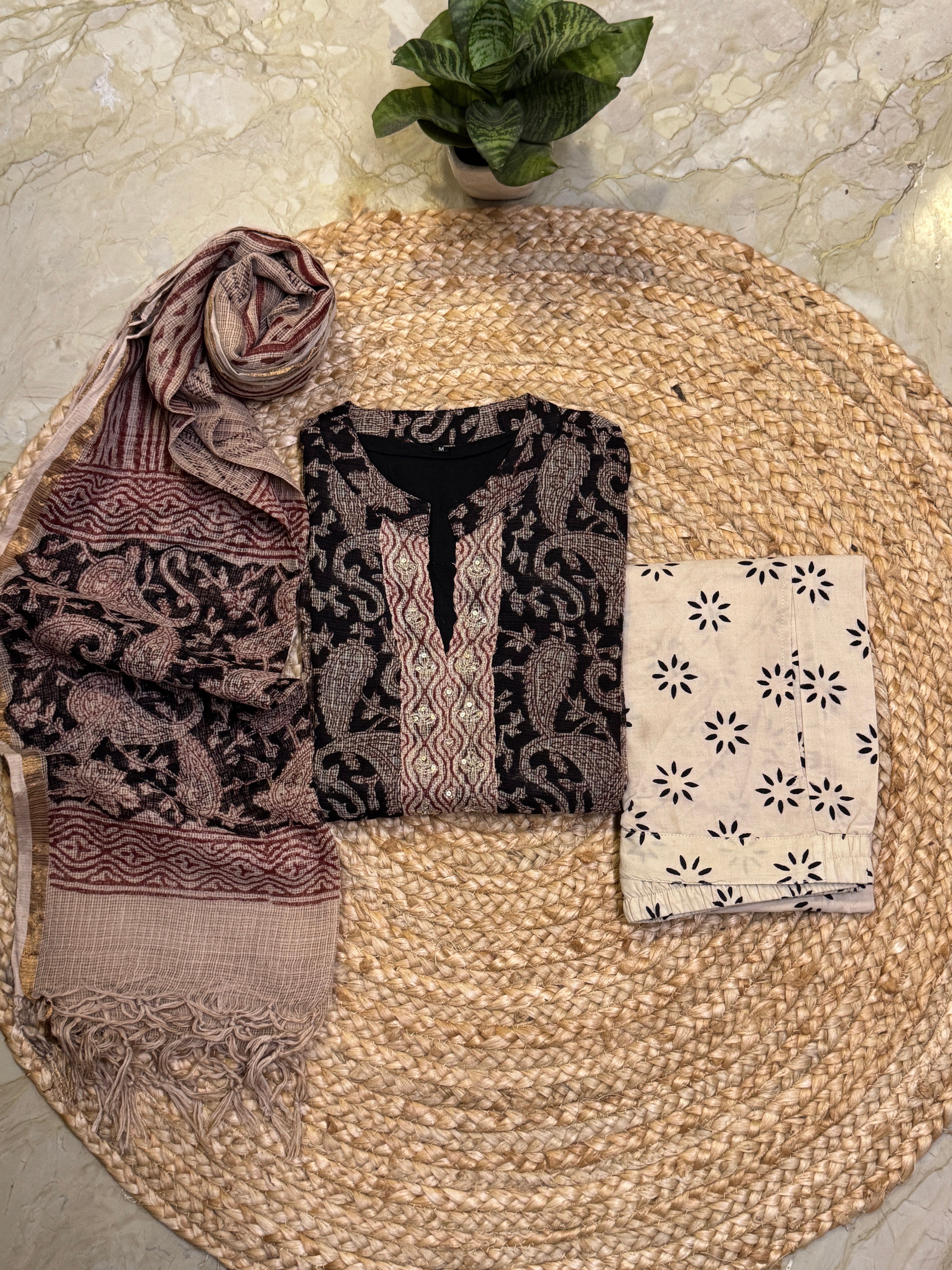 Handblock printed Kota doriya stitched 3 piece suit