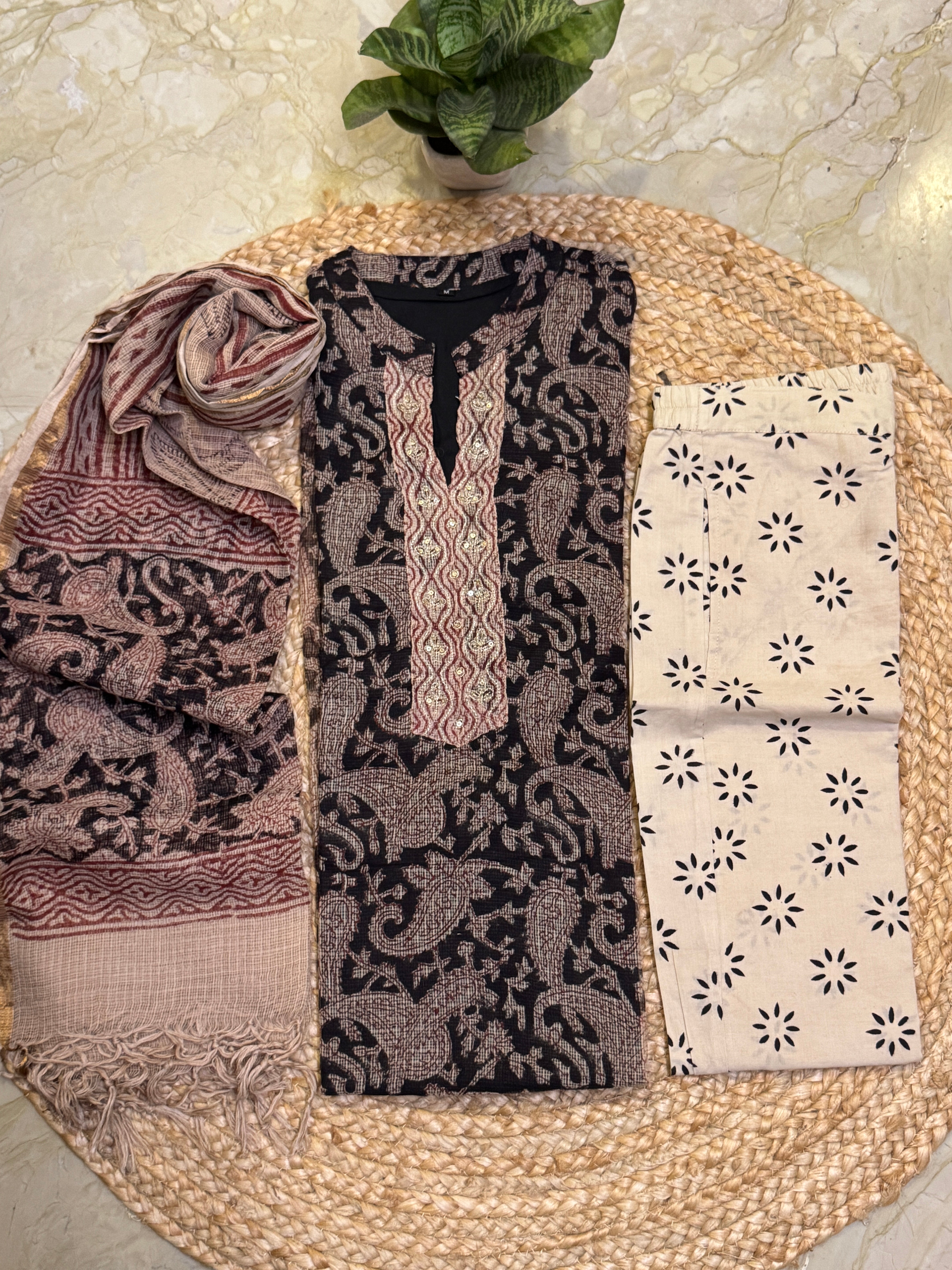 Handblock printed Kota doriya stitched 3 piece suit