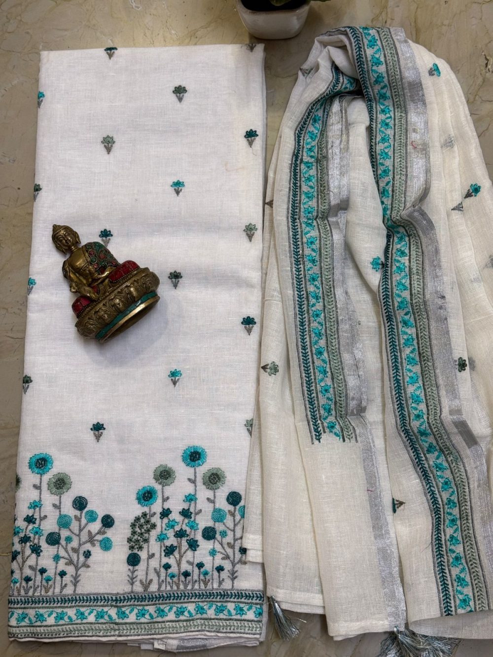 Linen kurta with bottom cotton silk  & linen dupatta with embroidery work