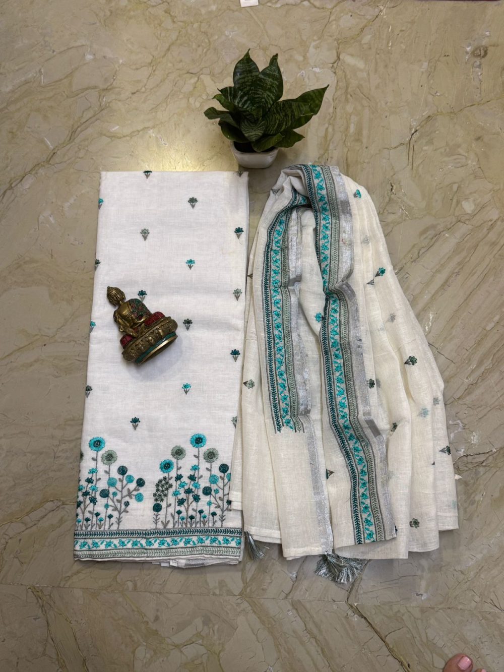 Linen kurta with bottom cotton silk  & linen dupatta with embroidery work