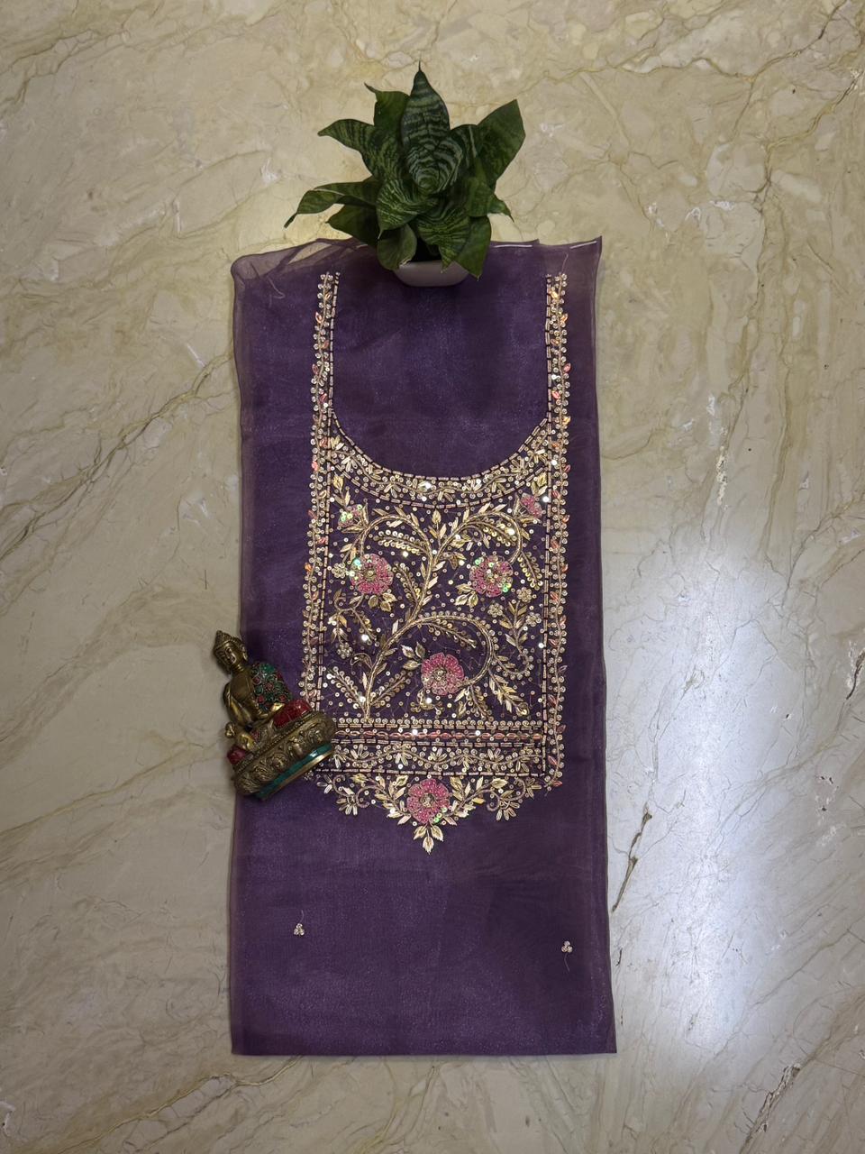 Soft organza kurta 2.5 mtrs with fine zardosi n sequins work in purple