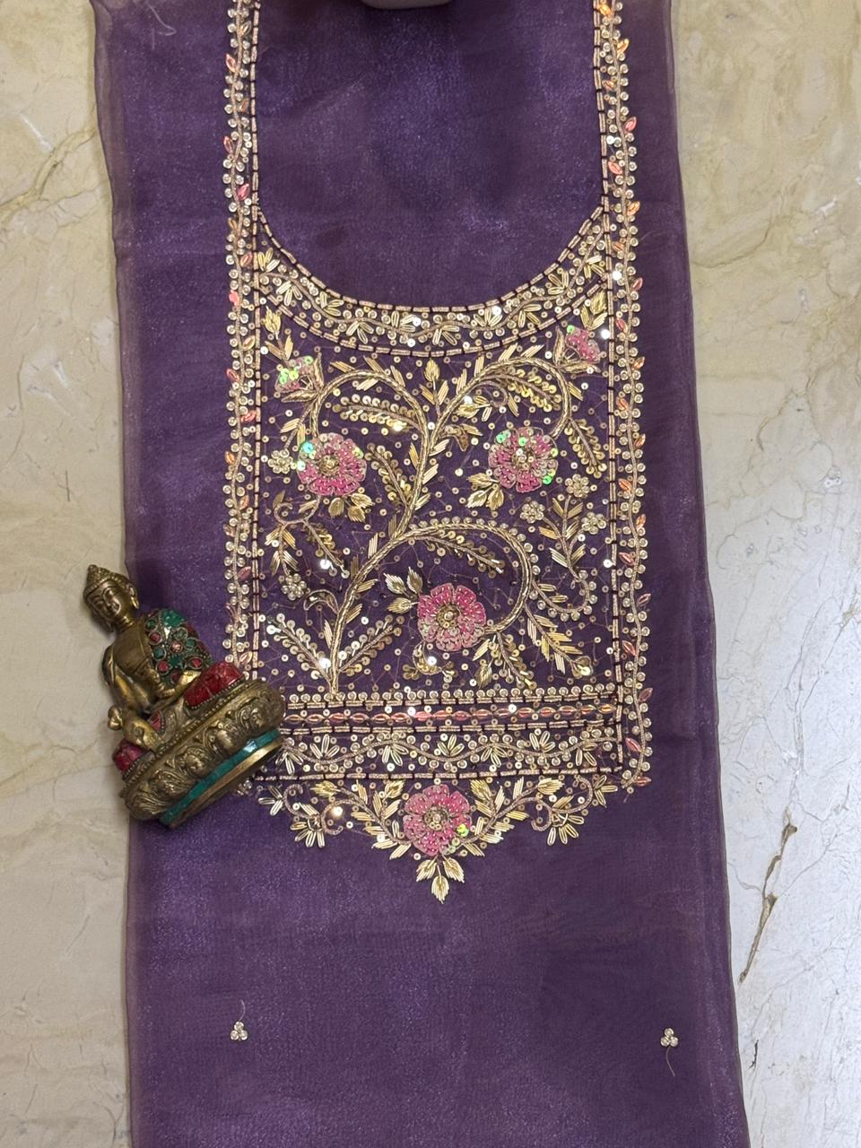 Soft organza kurta 2.5 mtrs with fine zardosi n sequins work in purple
