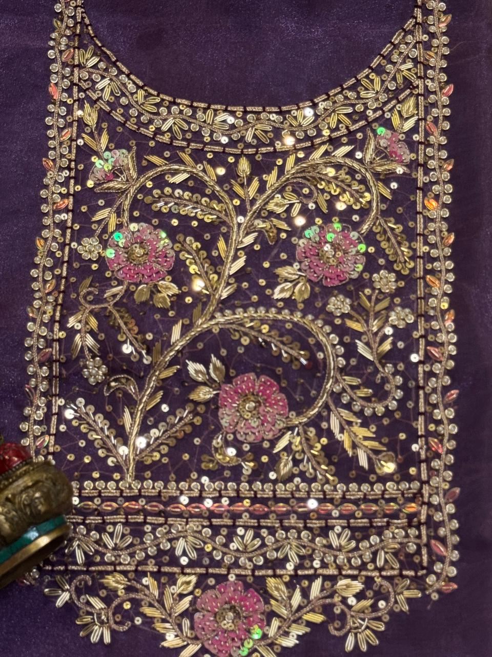 Soft organza kurta 2.5 mtrs with fine zardosi n sequins work in purple