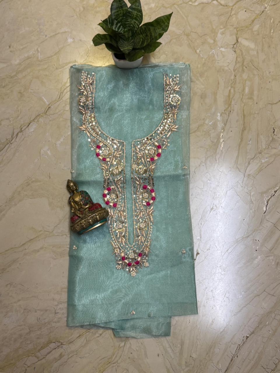 Soft organza kurta 2.5 mtrs with fine zardosi n sequins work in sapphire