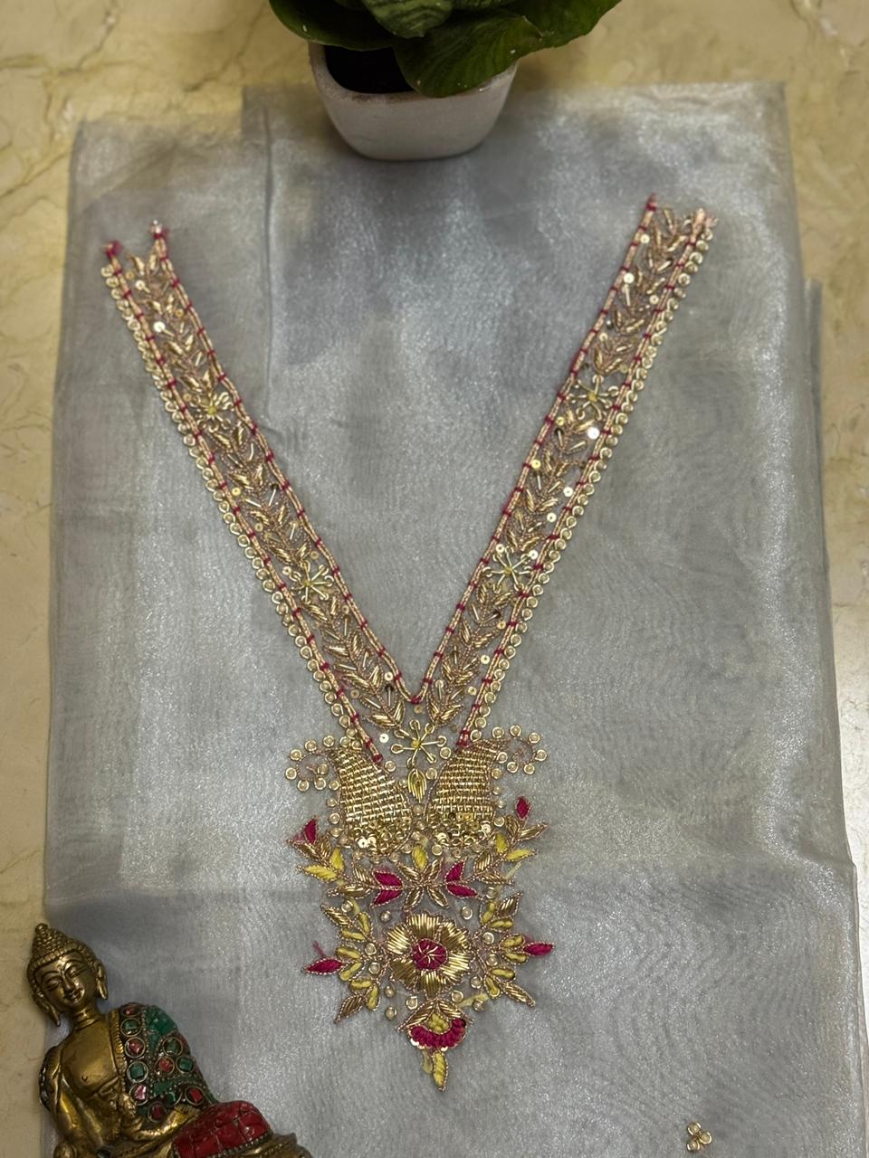 Soft organza kurta 2.5 mtrs with fine zardosi n sequins work in white