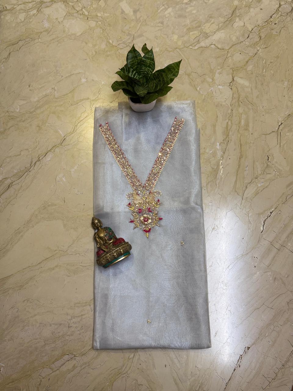 Soft organza kurta 2.5 mtrs with fine zardosi n sequins work in white