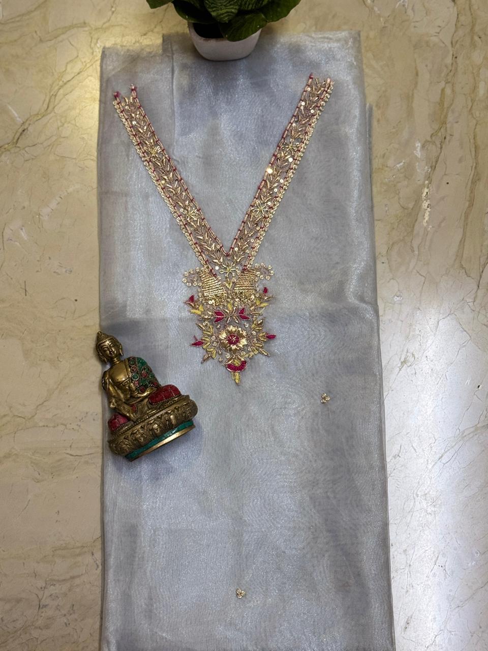 Soft organza kurta 2.5 mtrs with fine zardosi n sequins work in white