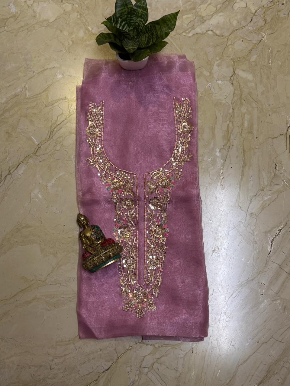 Soft organza kurta 2.5 mtrs with fine zardosi n sequins work in pink