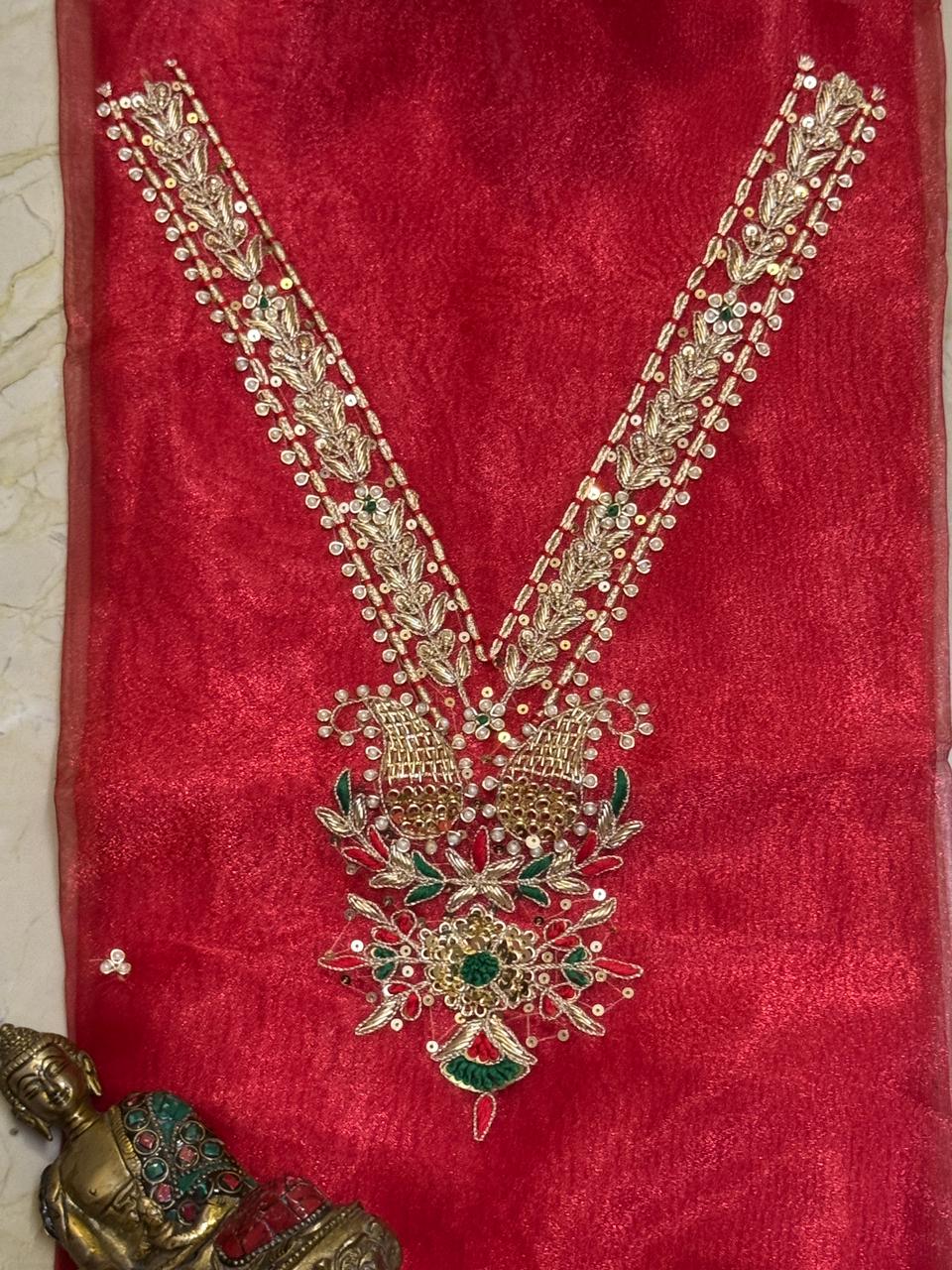 Soft organza kurta 2.5 mtrs with fine zardosi n sequins work in red