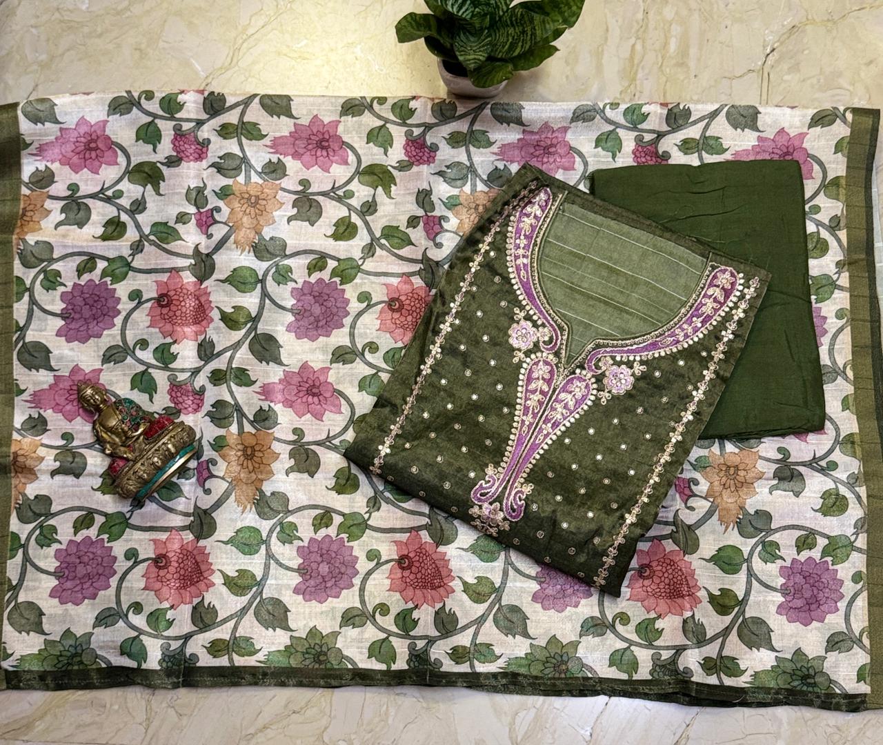 Fine Shimmer tissue embroidery kurta with Kalamkari printed dupatta