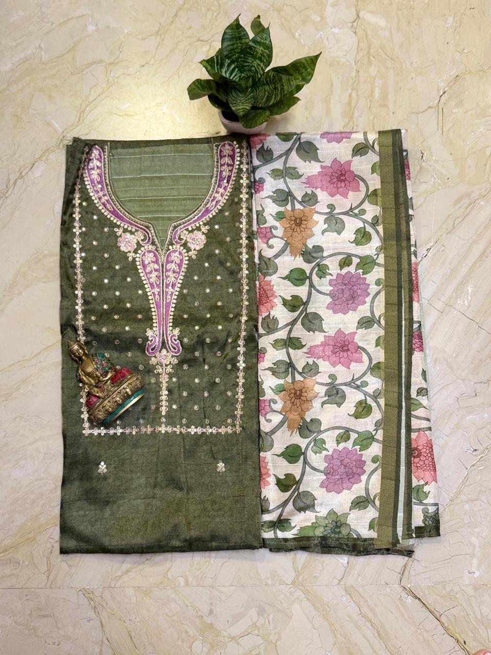 Fine Shimmer tissue embroidery kurta with Kalamkari printed dupatta