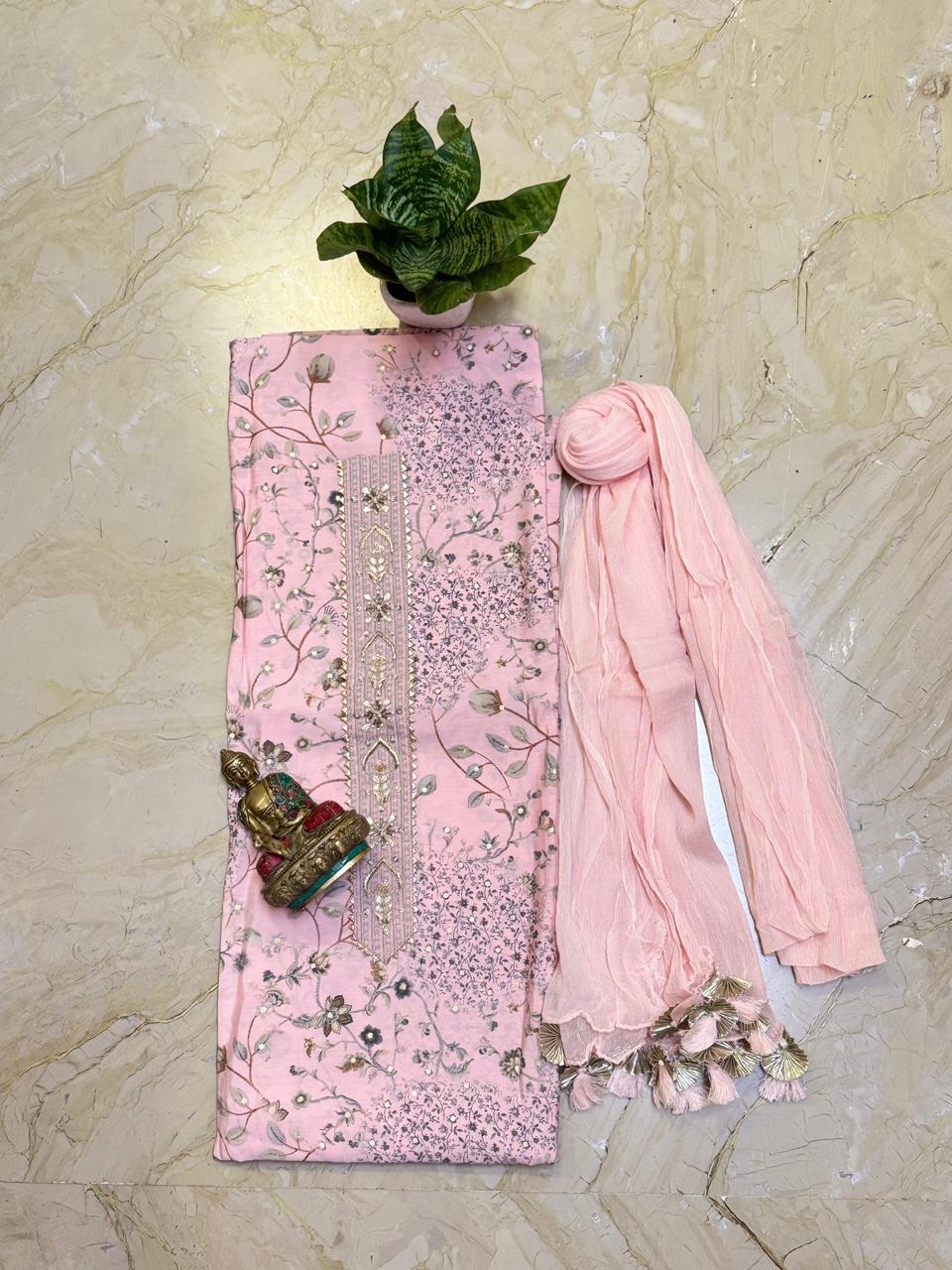 Printed Modal Silk Shirt  Beautiful  Pure Chiffon Dupatta with Gota & Pearl Tassels