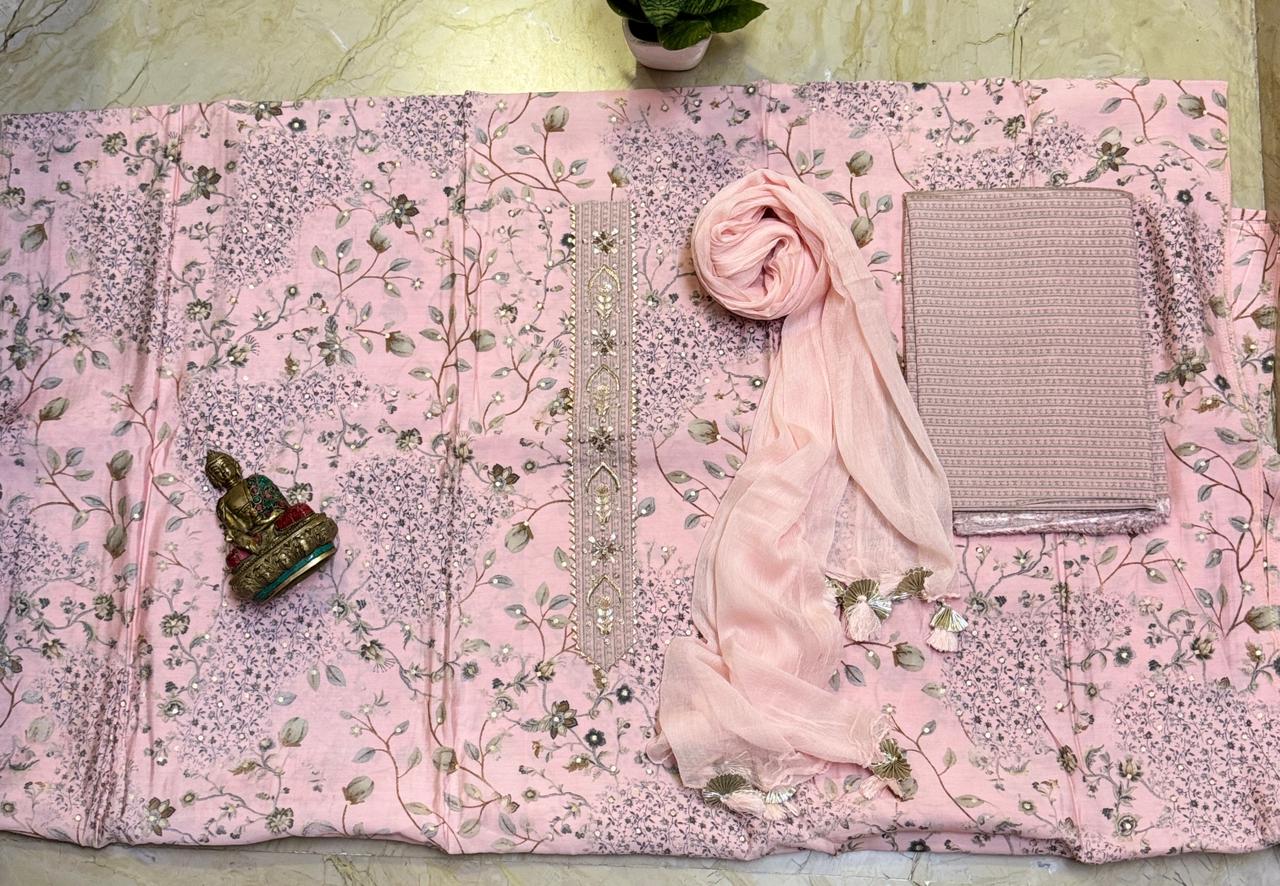 Printed Modal Silk Shirt  Beautiful  Pure Chiffon Dupatta with Gota & Pearl Tassels