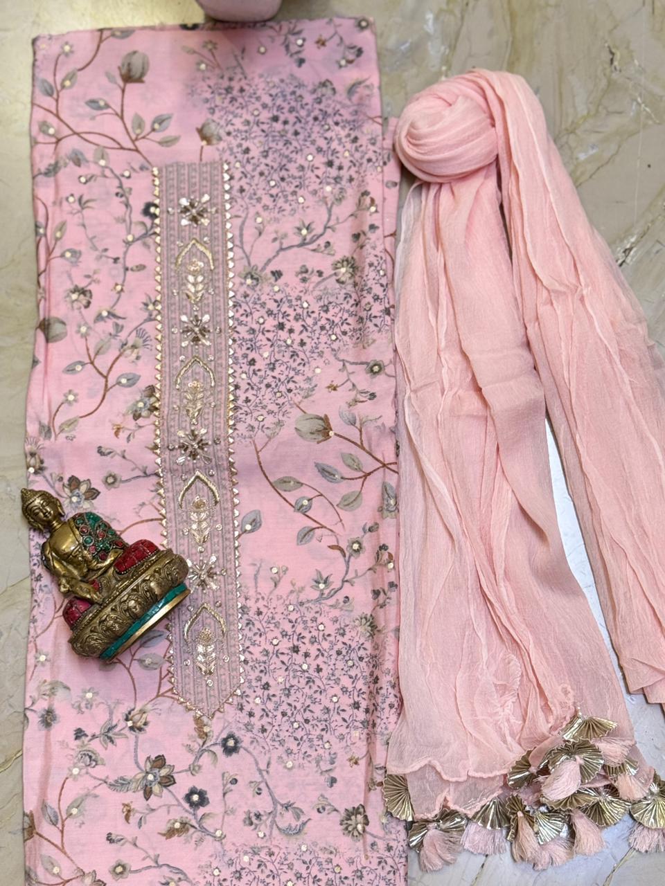 Printed Modal Silk Shirt  Beautiful  Pure Chiffon Dupatta with Gota & Pearl Tassels