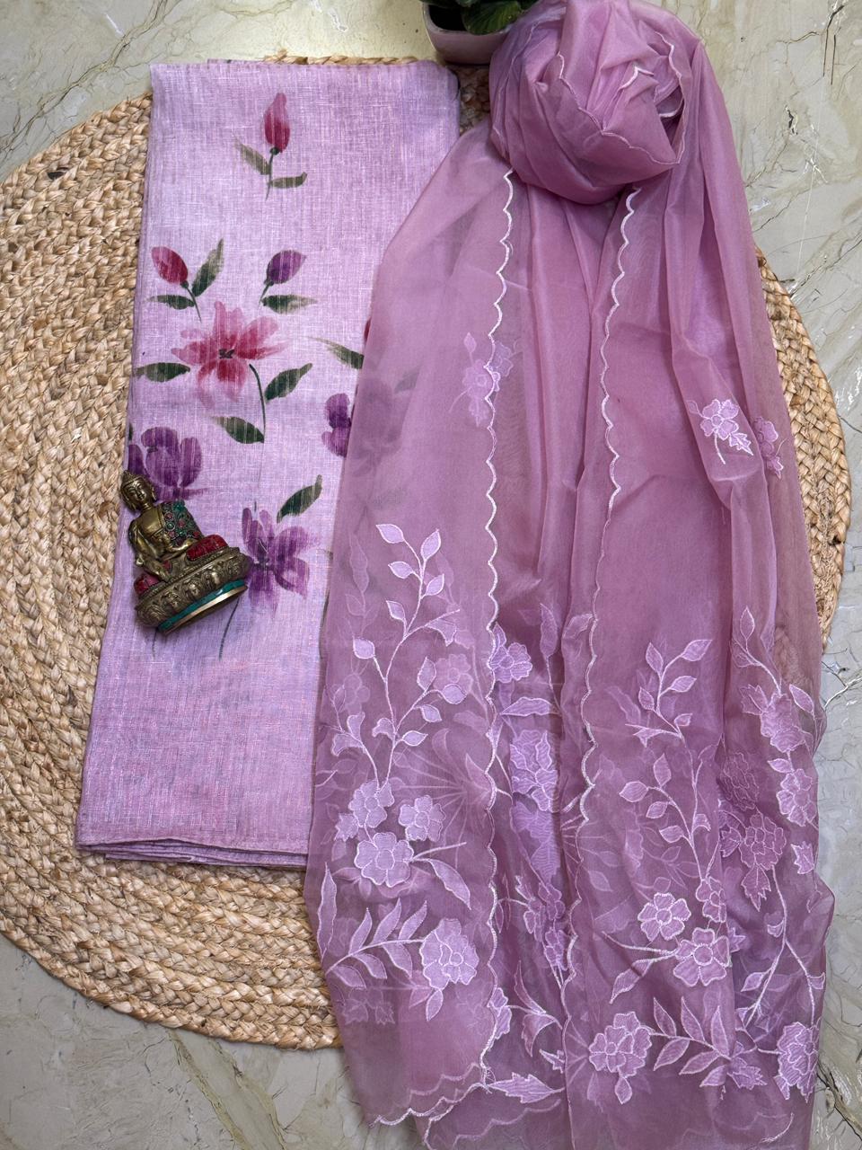 Premium Lenin kurta in golden lines & hand painted with beautiful soft organza dupatta