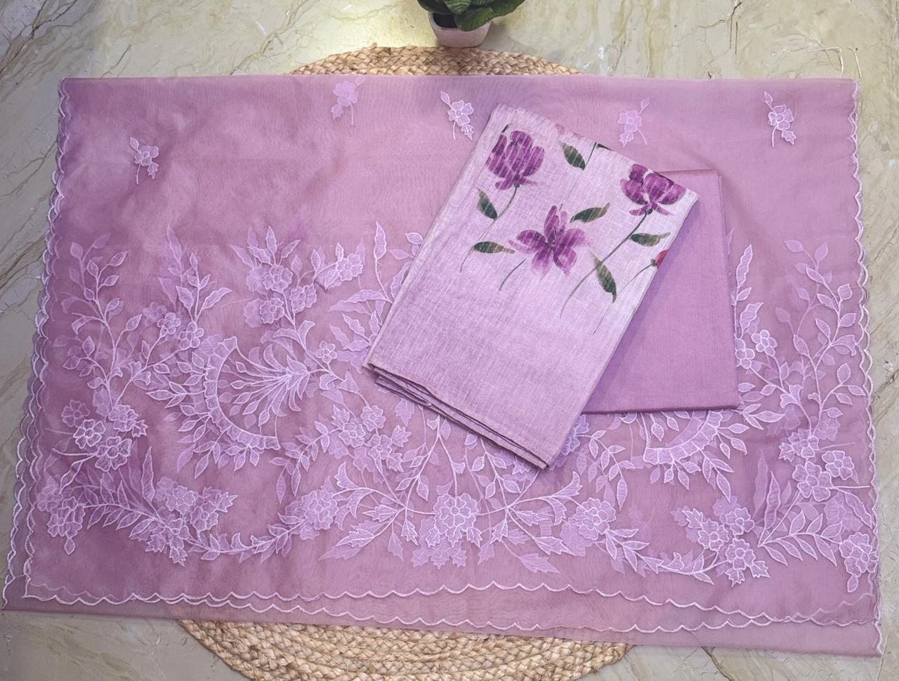Premium Lenin kurta in golden lines & hand painted with beautiful soft organza dupatta
