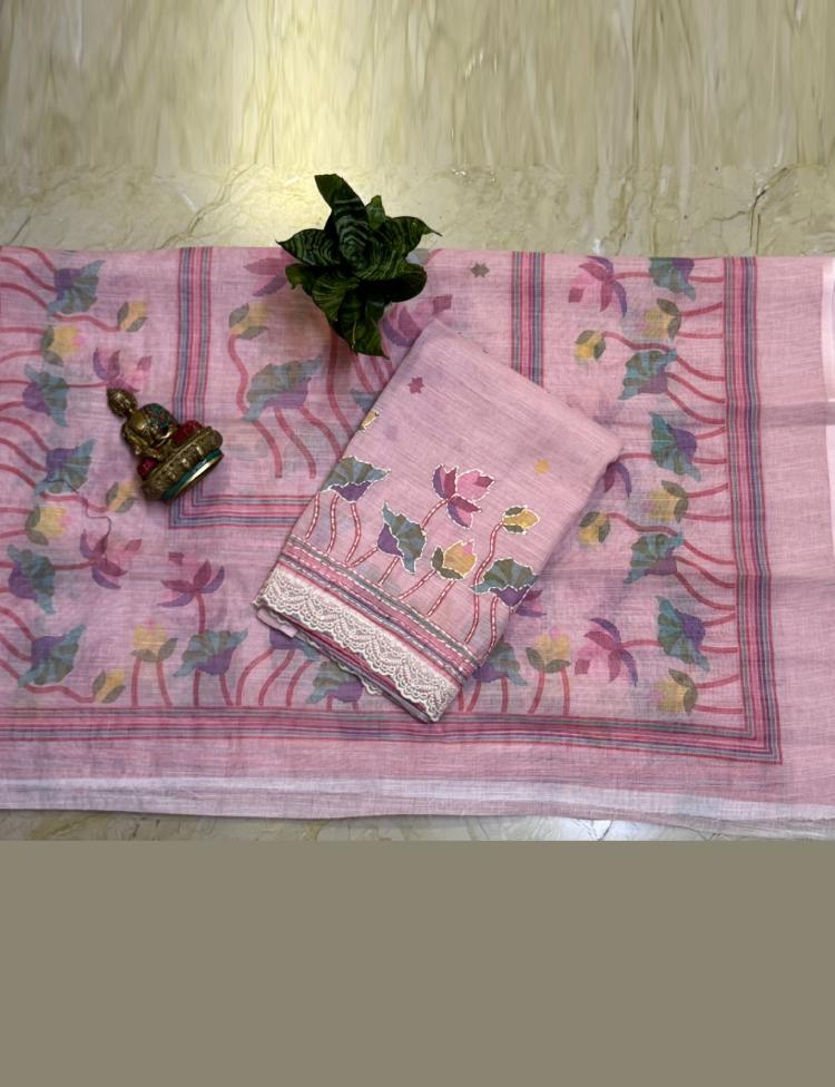 Linen cotton top digital print with Kantha embroidery outline