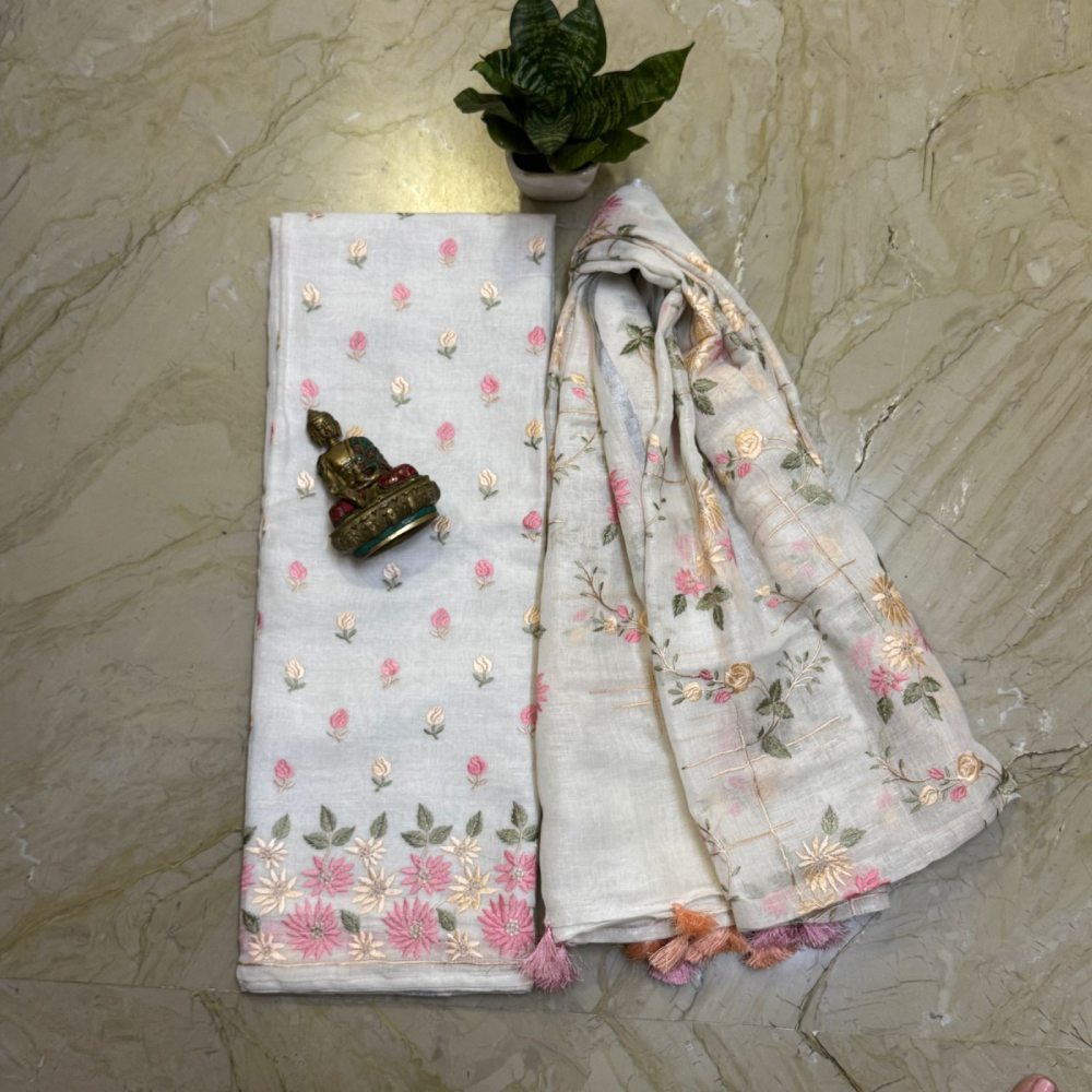 Linen Embroidered Kurta with Cotton Silk Bottom & Embroidered Linen Dupatta