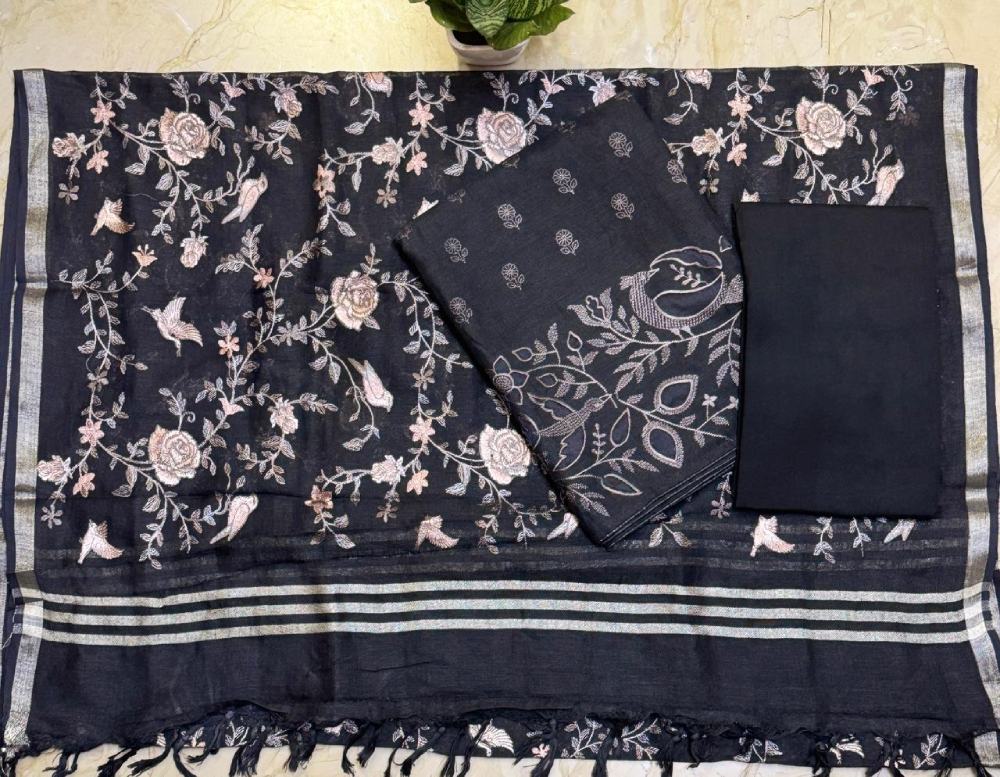 Pure Linen Embroidered Kurta with Cotton Silk Bottom & Embroidered Linen Dupatta