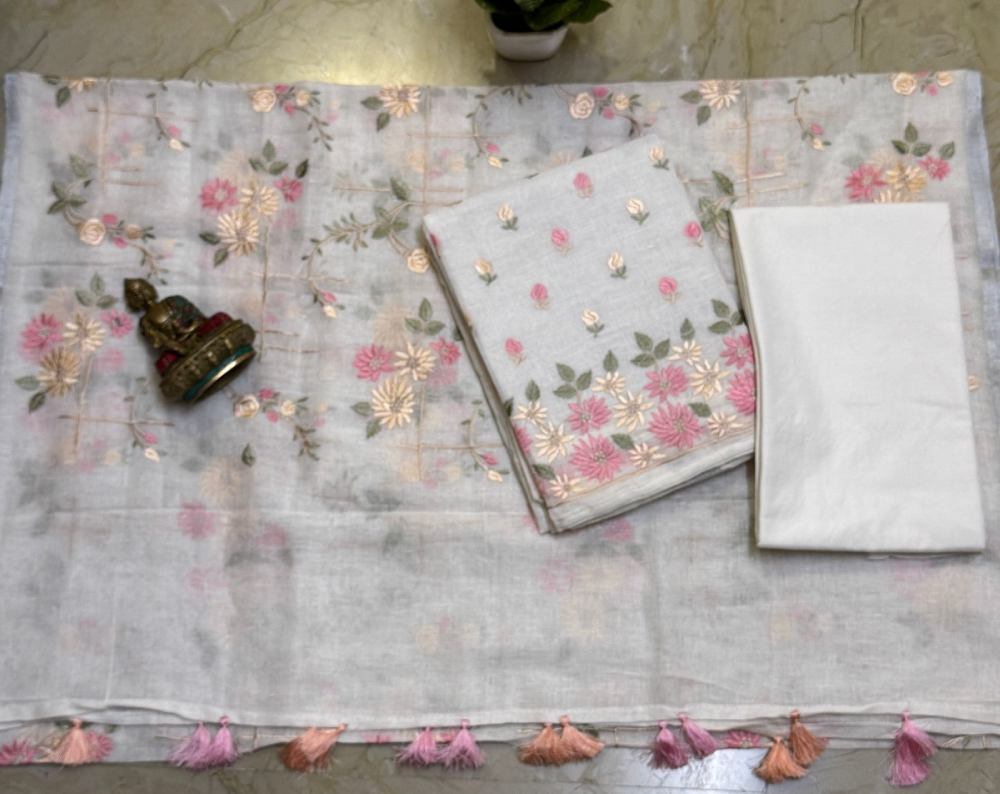 Linen Embroidered Kurta with Cotton Silk Bottom & Embroidered Linen Dupatta